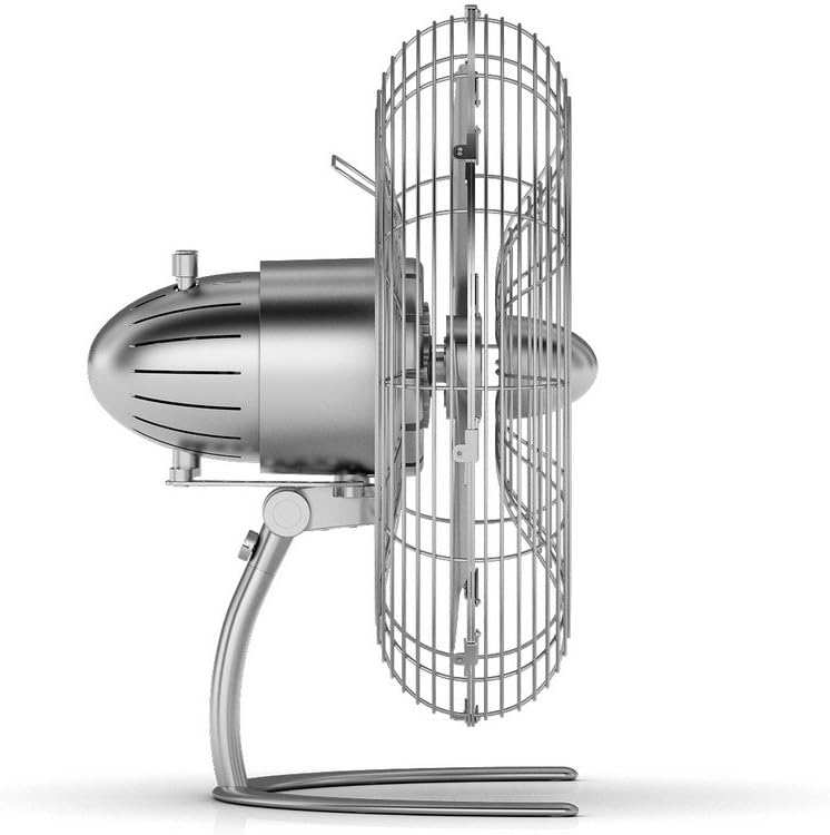 Un ventilateur de bureau argenté rétro avec cage et corps arrondi.