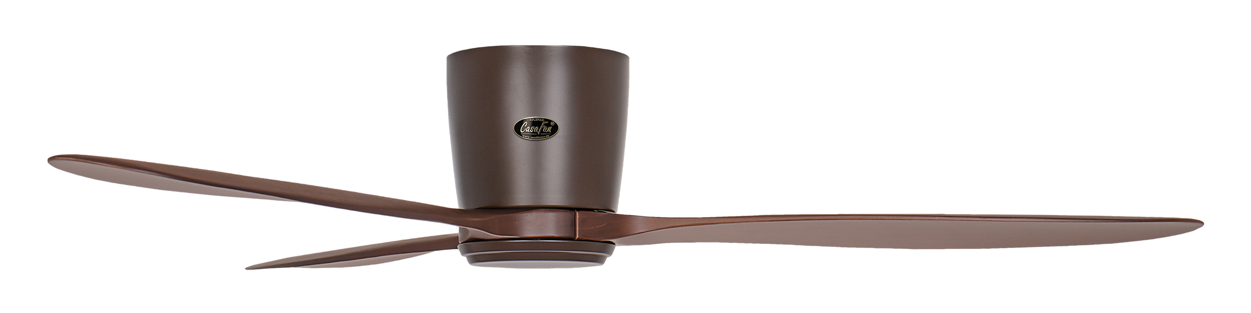 Un ventilatore da soffitto marrone con tre pale e un alloggiamento cilindrico.