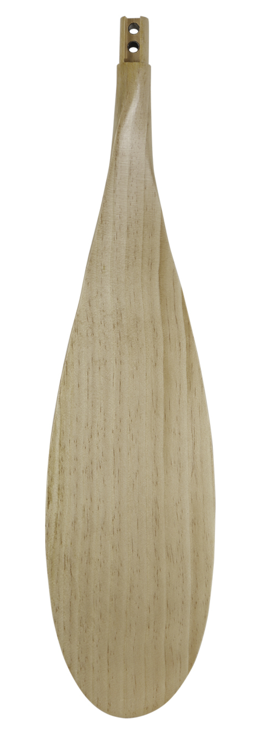 Un remo in legno con una pala ovale piatta e un albero storto con due fori.