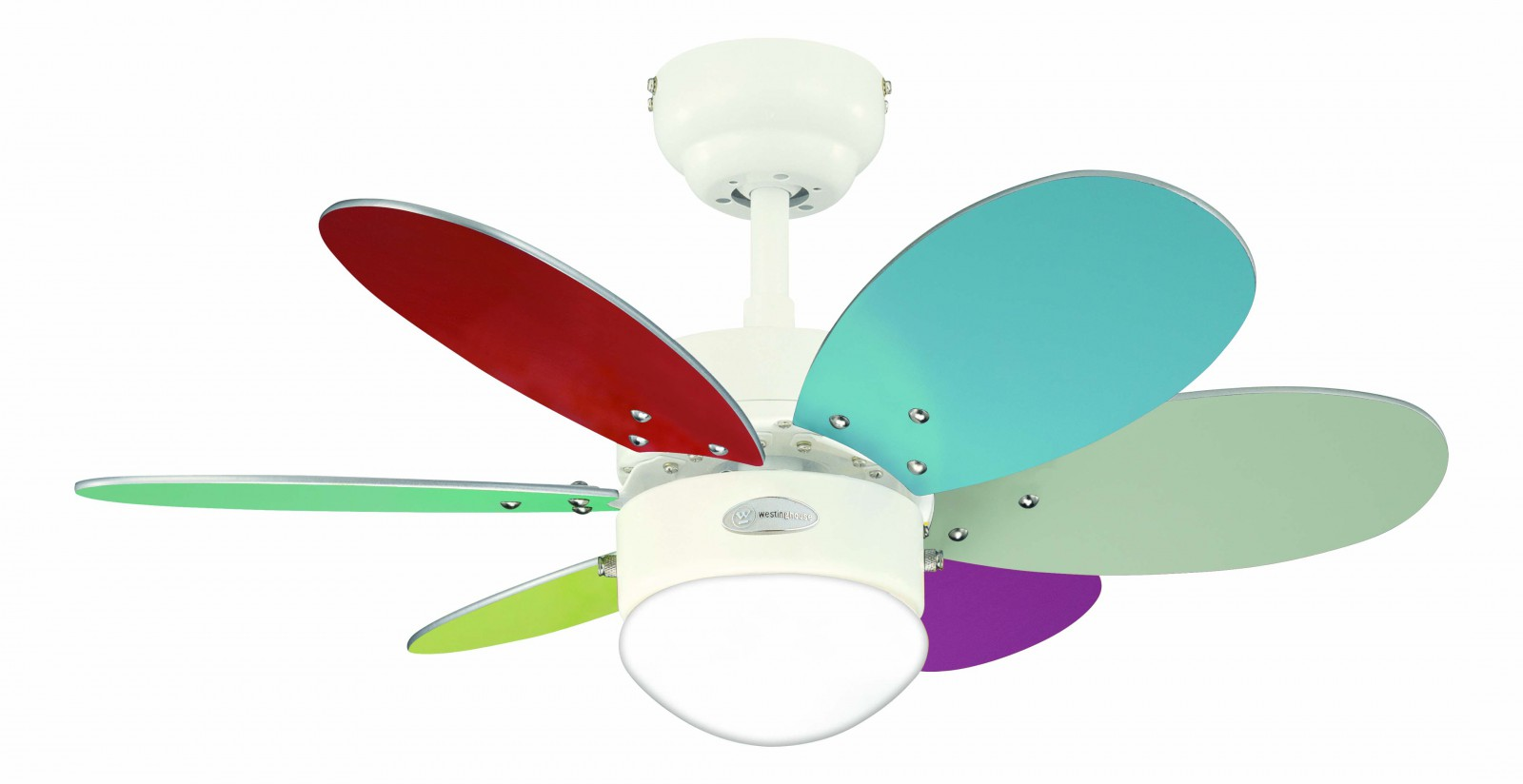 Ein bunter Deckenventilator mit sechs Flügeln in Rot, Türkis, Grün und Lila.