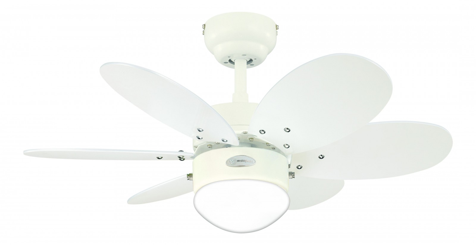 Eine weiße Deckenventilator mit sechs Rotorblättern und einer Lampe.