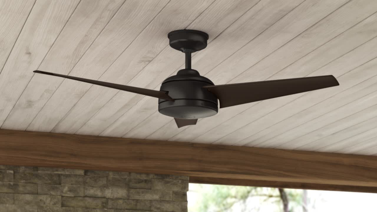 Schwarzer Deckenventilator mit dunkelbraunen Rotorblättern an einer Holzdecke.