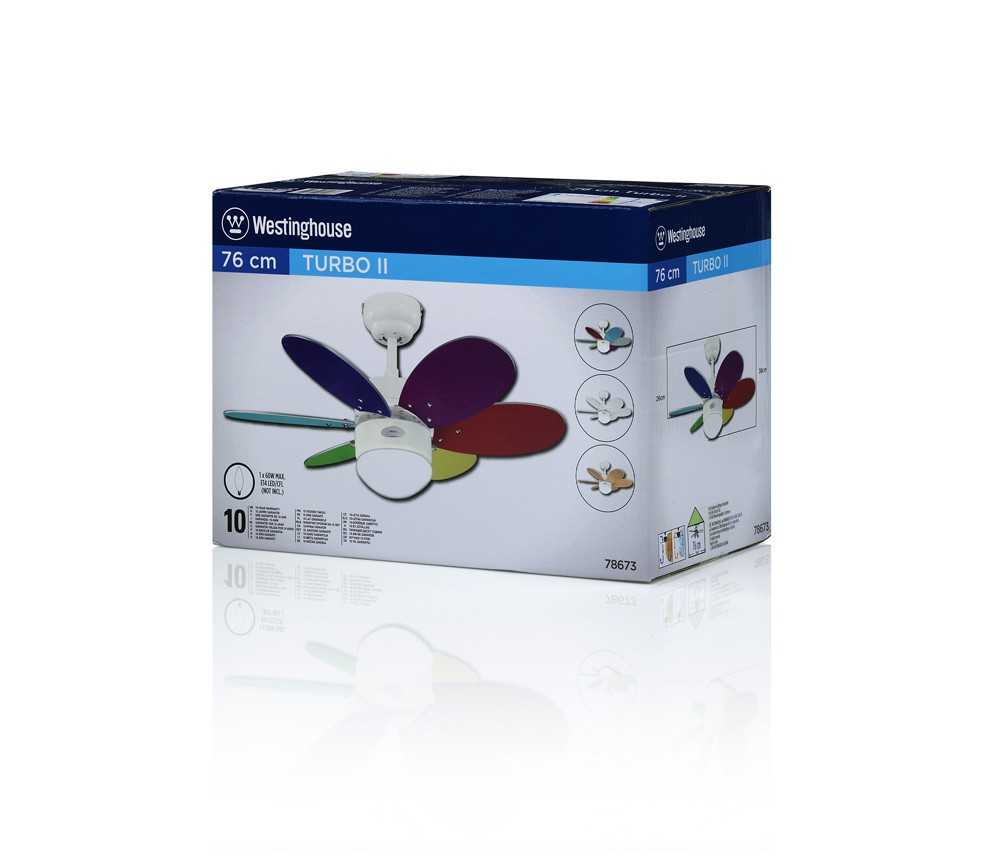 Verpackung eines Westinghouse Deckenventilators mit bunten Flügeln.