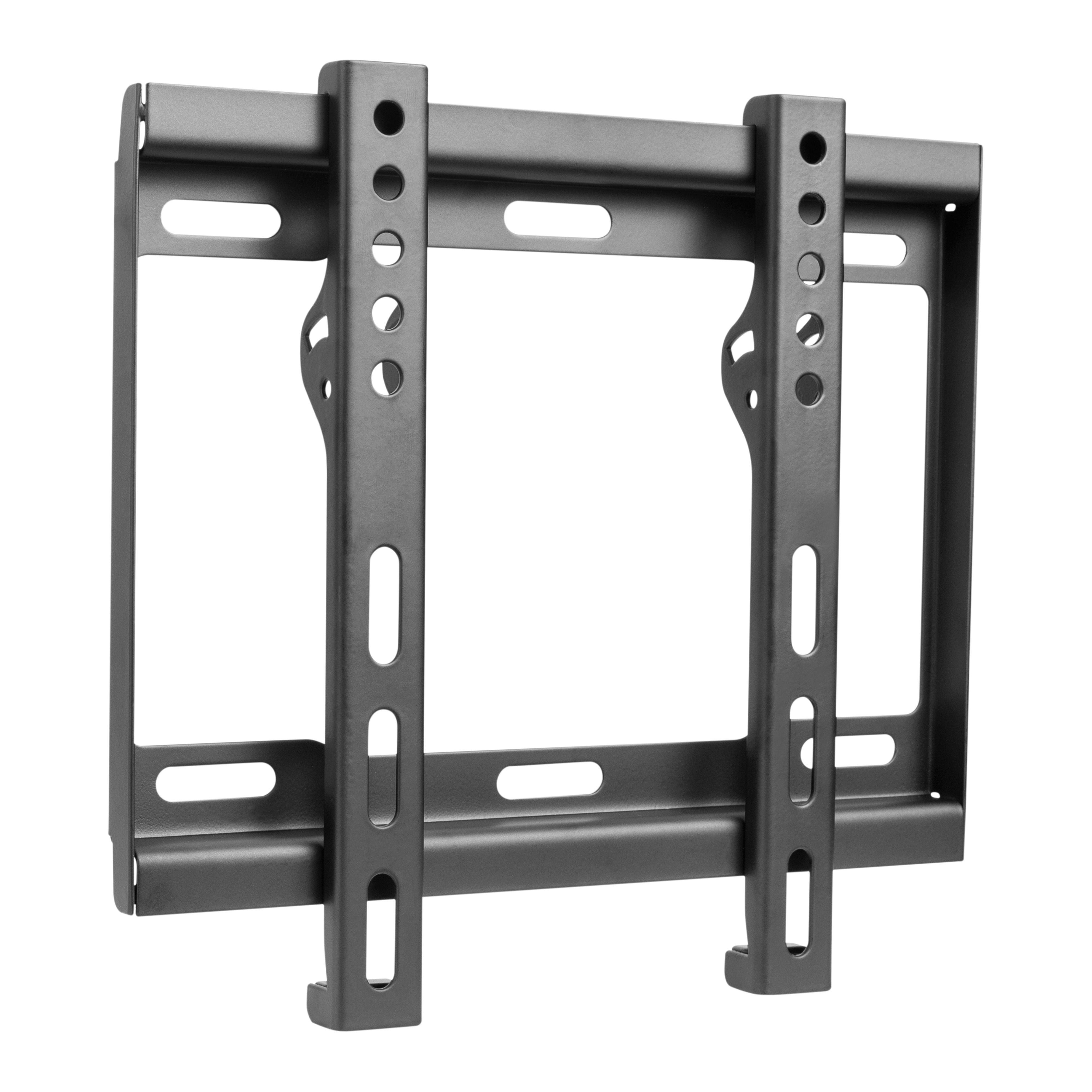 Eine schwarze Metallhalterung für einen Fernseher mit Schlitzen.