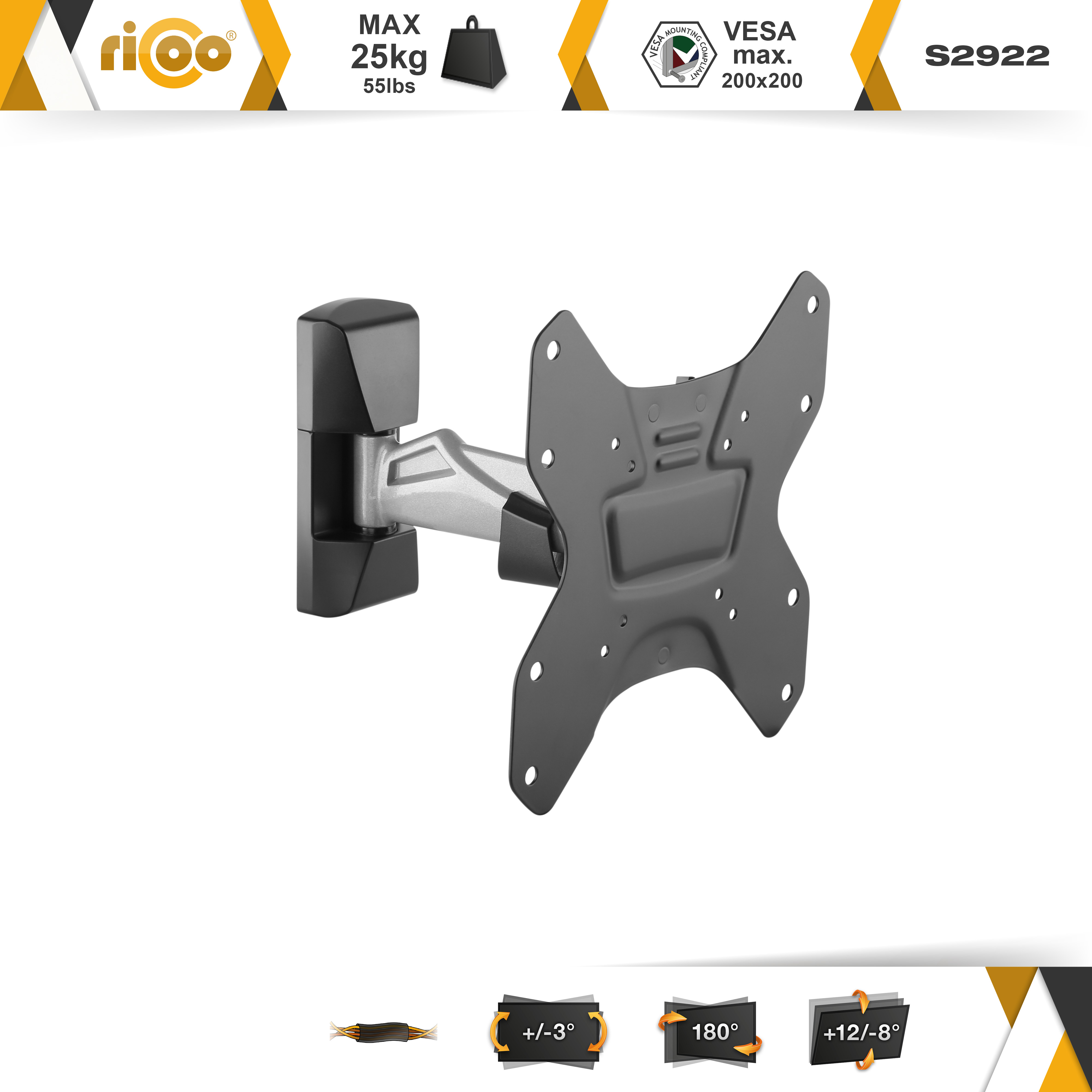 Schwarze Wandhalterung mit silbernem Arm, VESA-konform, max. 25kg.