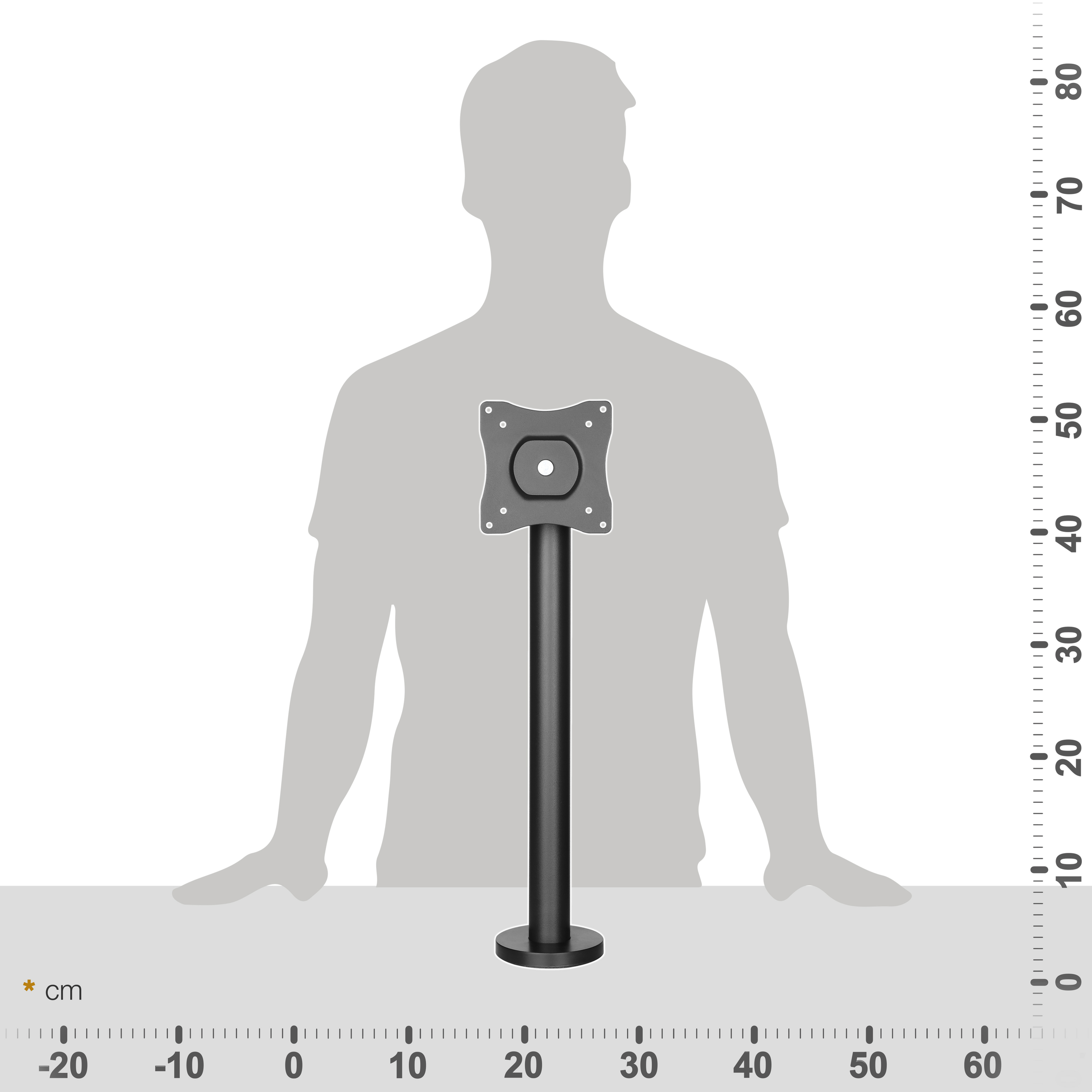 Ein Monitorständer mit VESA-Halterung vor einer stiliserten Person.