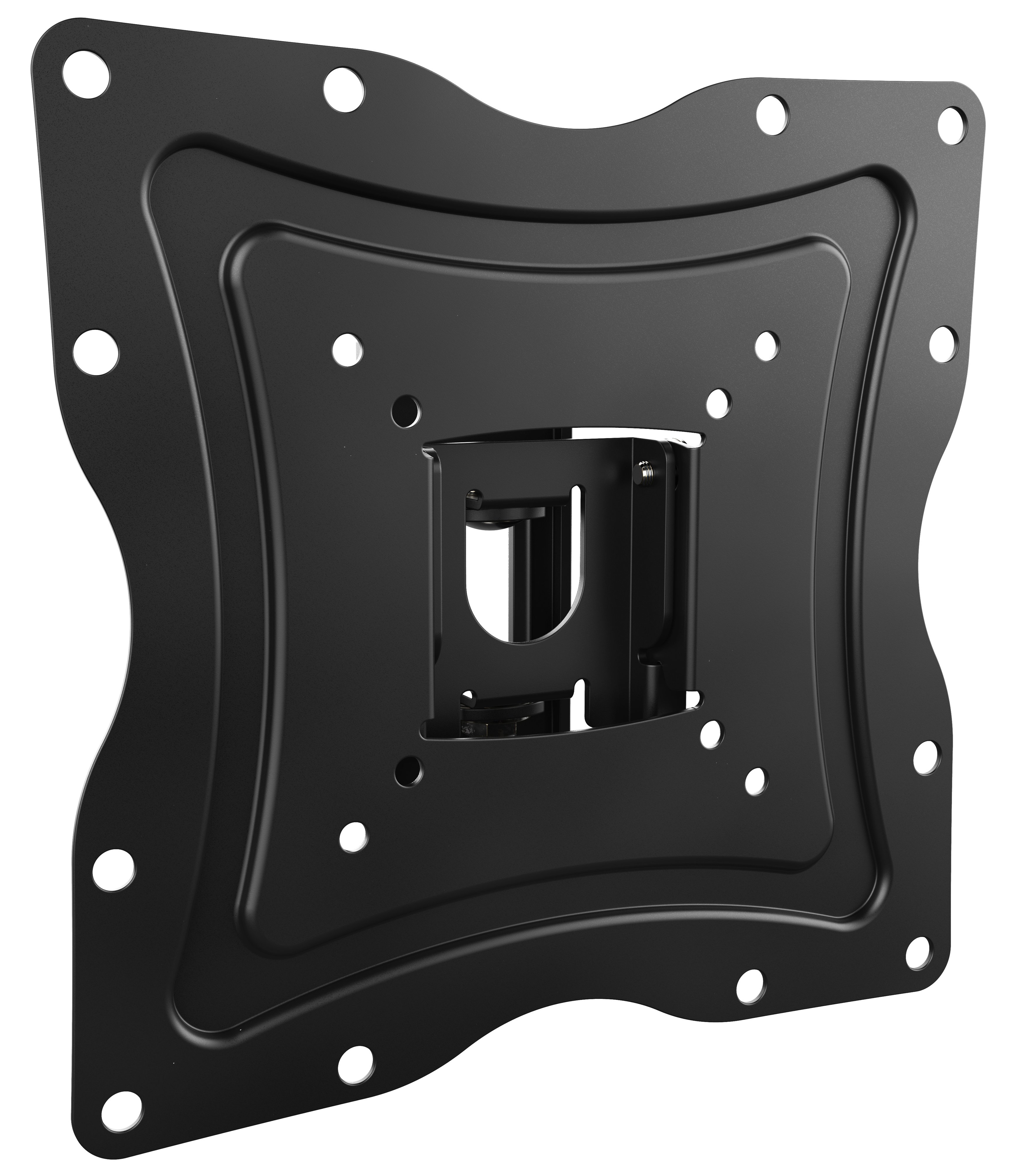 Schwarze Wandhalterung aus Metall mit mehreren Löchern für Fernseher.
