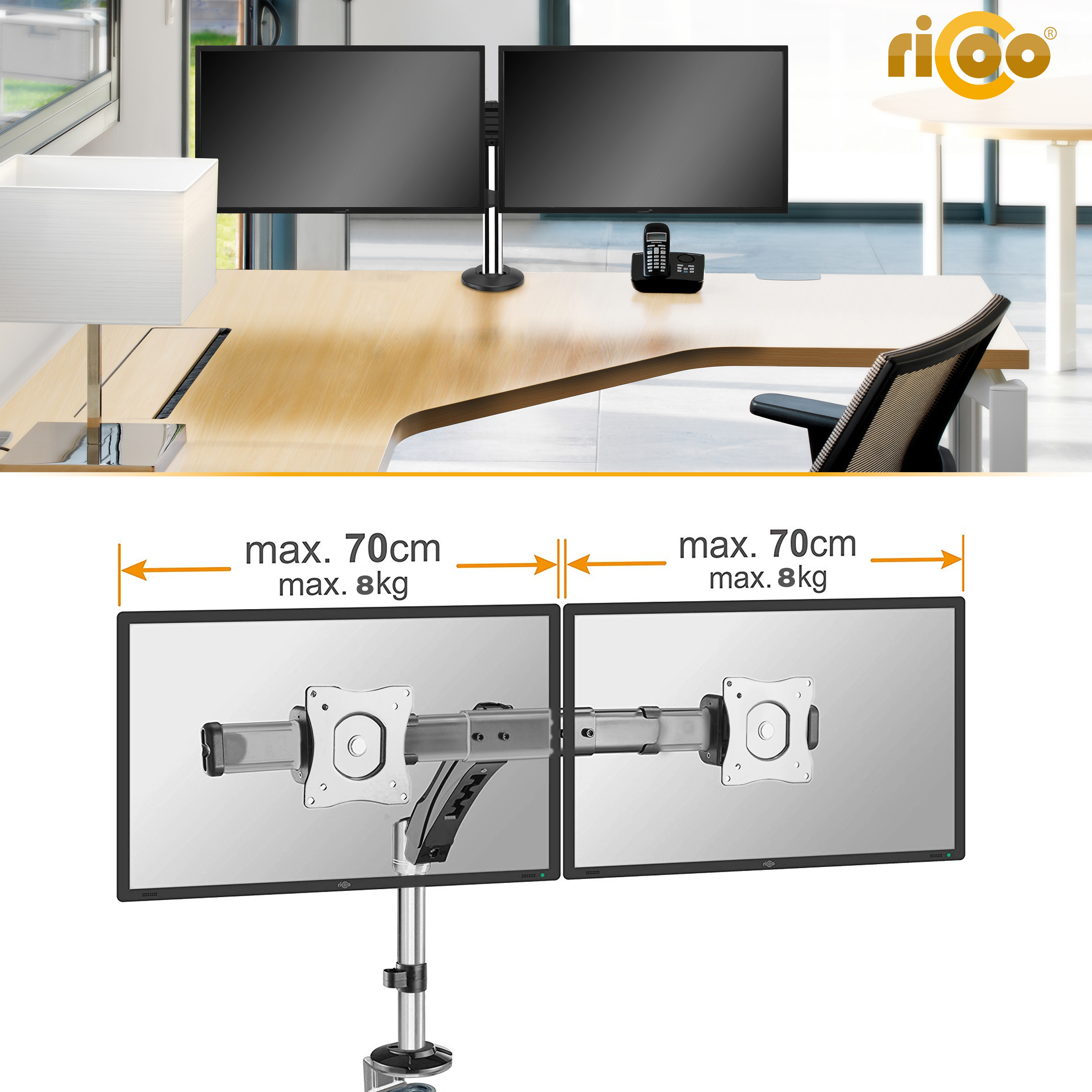 Eine Dual-Monitor-Schreibtischhalterung mit den Spezifikationen max. 70cm, max. 8kg.