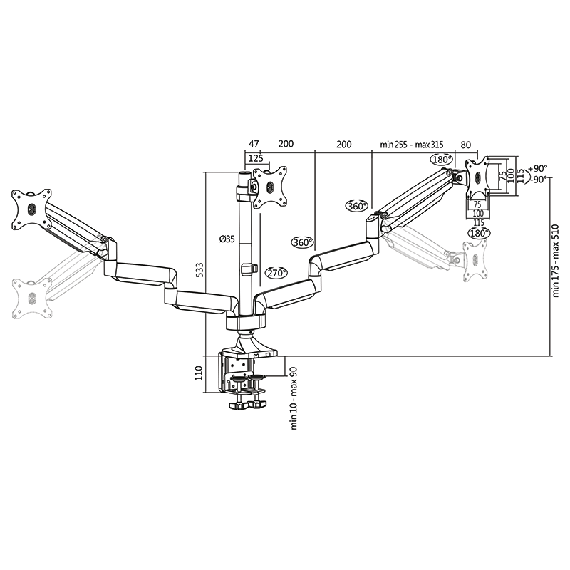 Disegno tecnico di un supporto doppio per monitor con dimensioni.