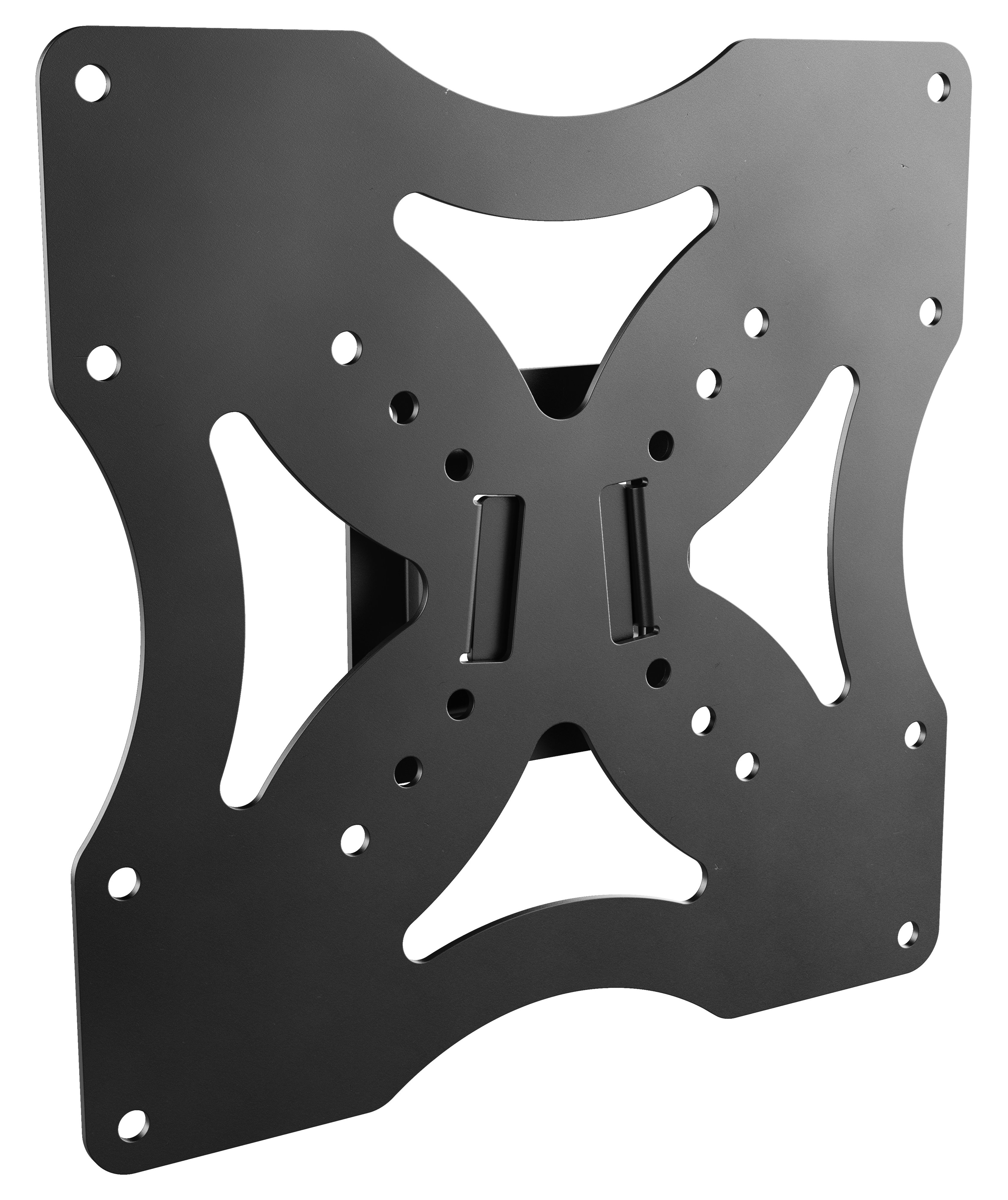 Eine schwarze, rechteckige Wandhalterung mit Aussparungen und Befestigungslöchern.