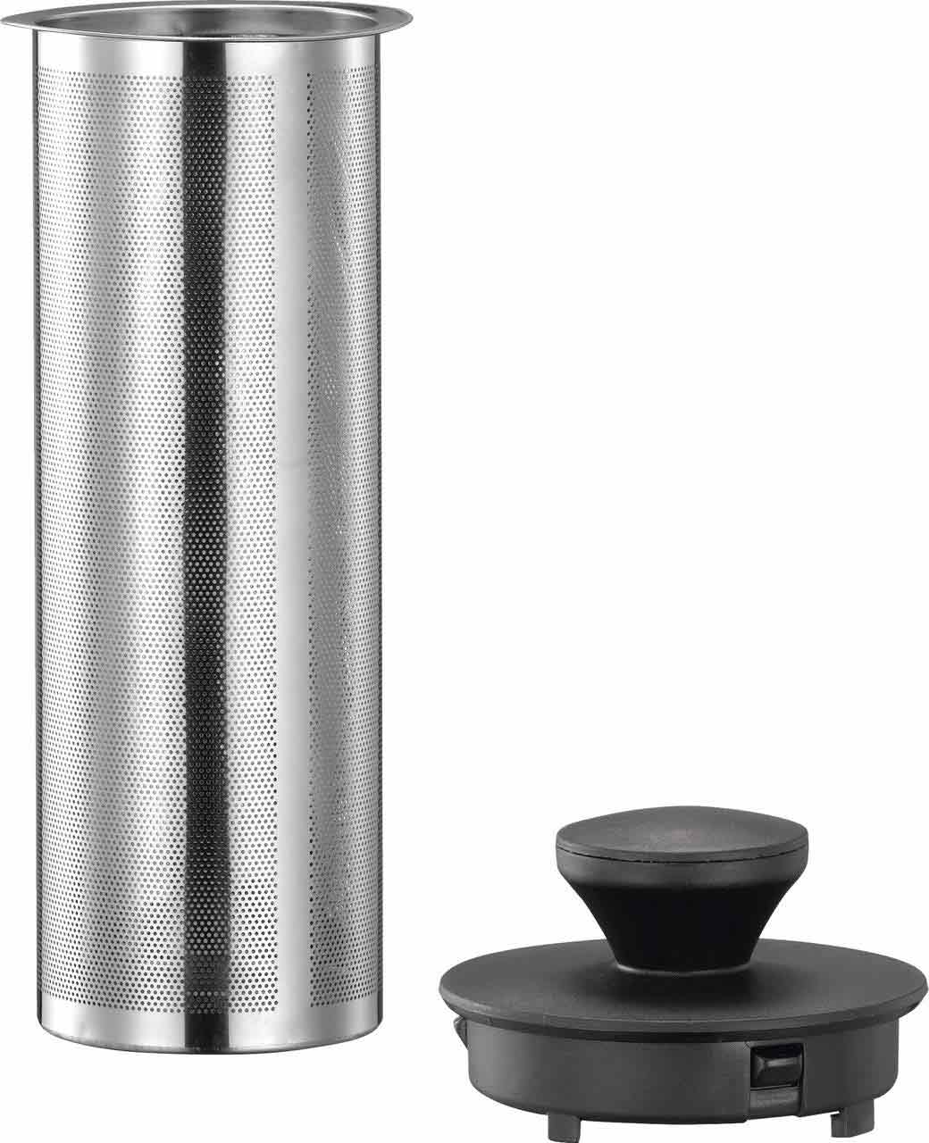Ein silberner Teefilter und ein schwarzer Deckel mit Griff, auf weißem Hintergrund.