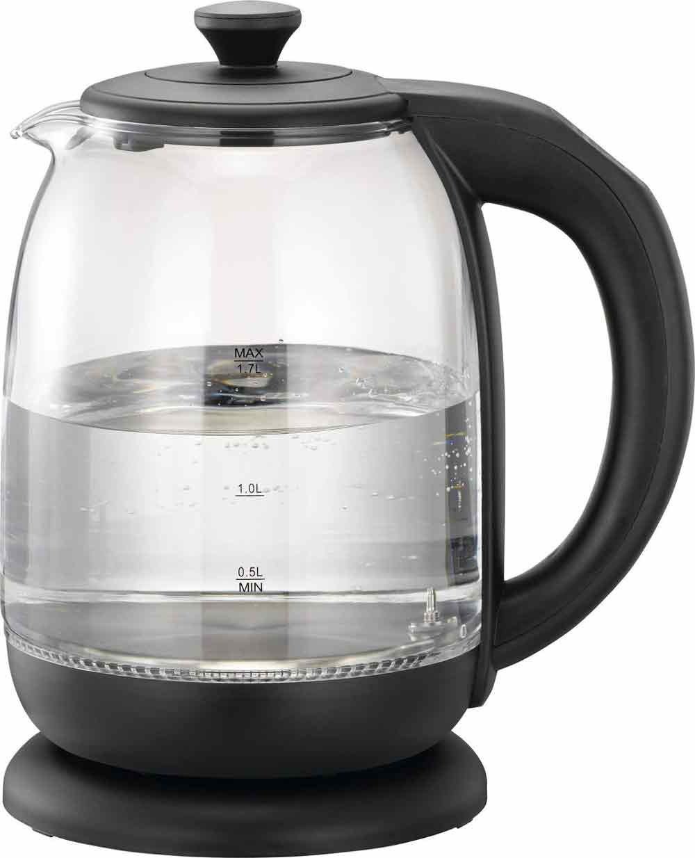 Ein transparenter Wasserkocher mit schwarzem Griff und Deckel, halb gefüllt.