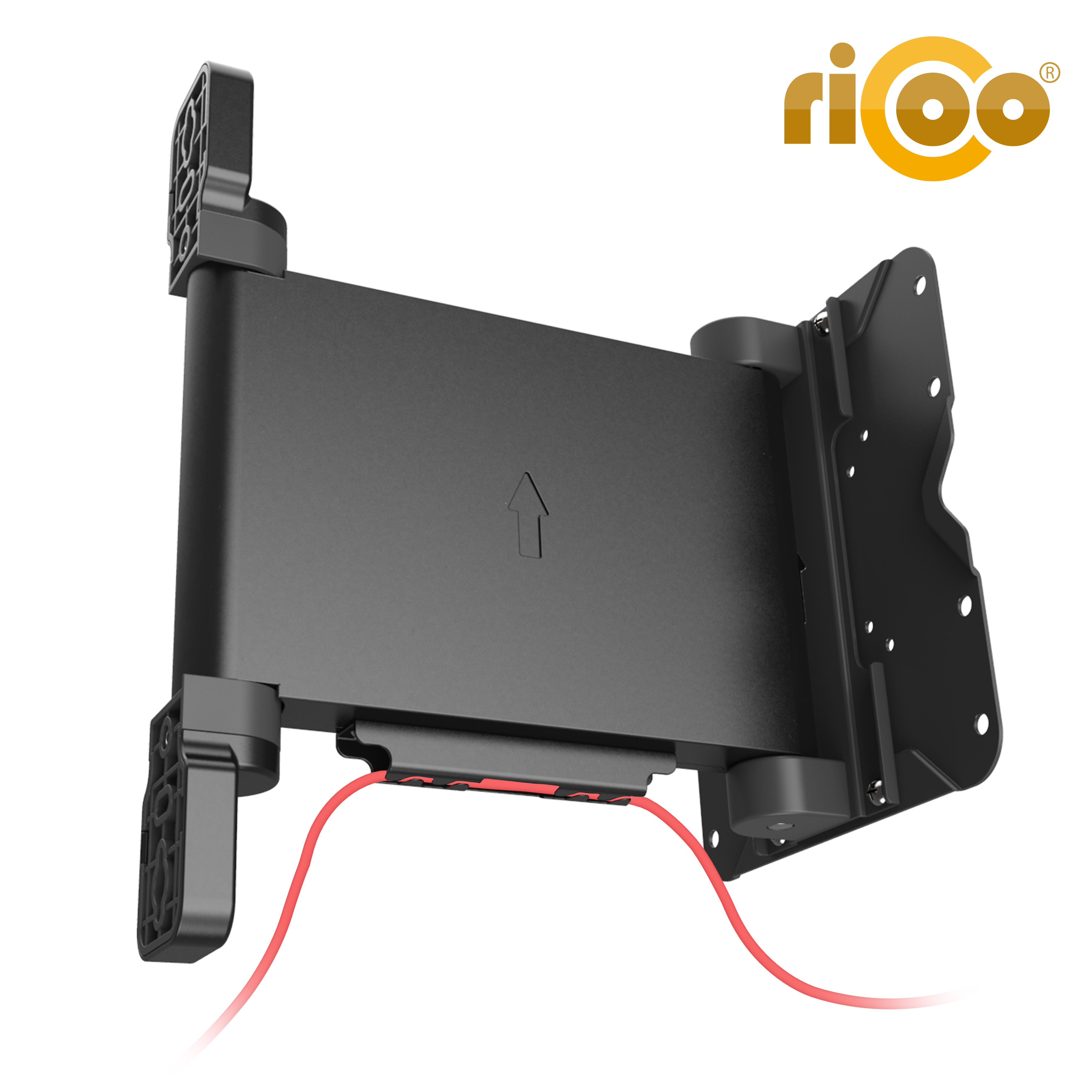 Schwarze TV-Wandhalterung mit rotem Kabel und Ricoo-Logo.