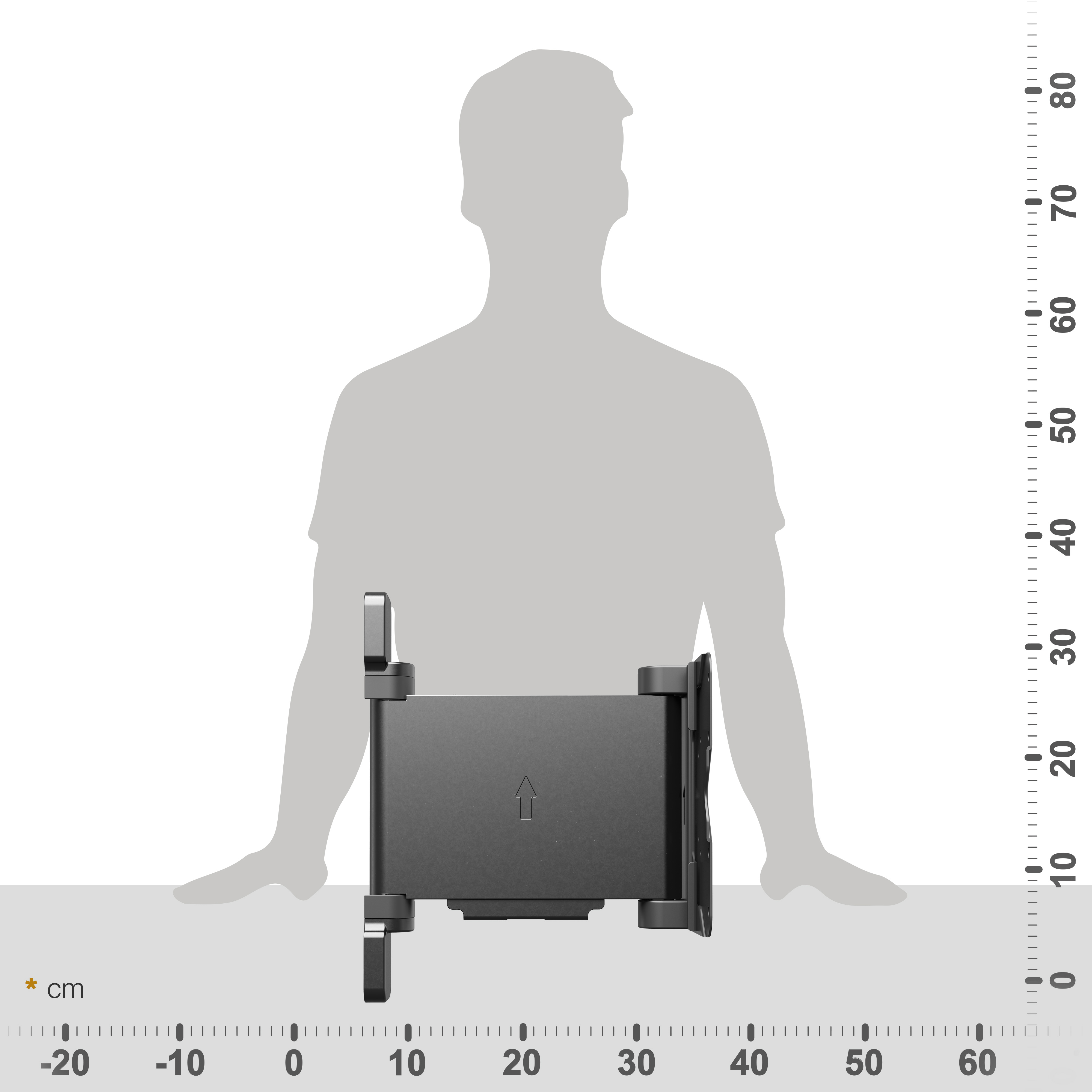 Eine graue Silhouette einer Person zeigt ein schwarzes Gerät auf Brusthöhe. Rechts ist eine Skala.
