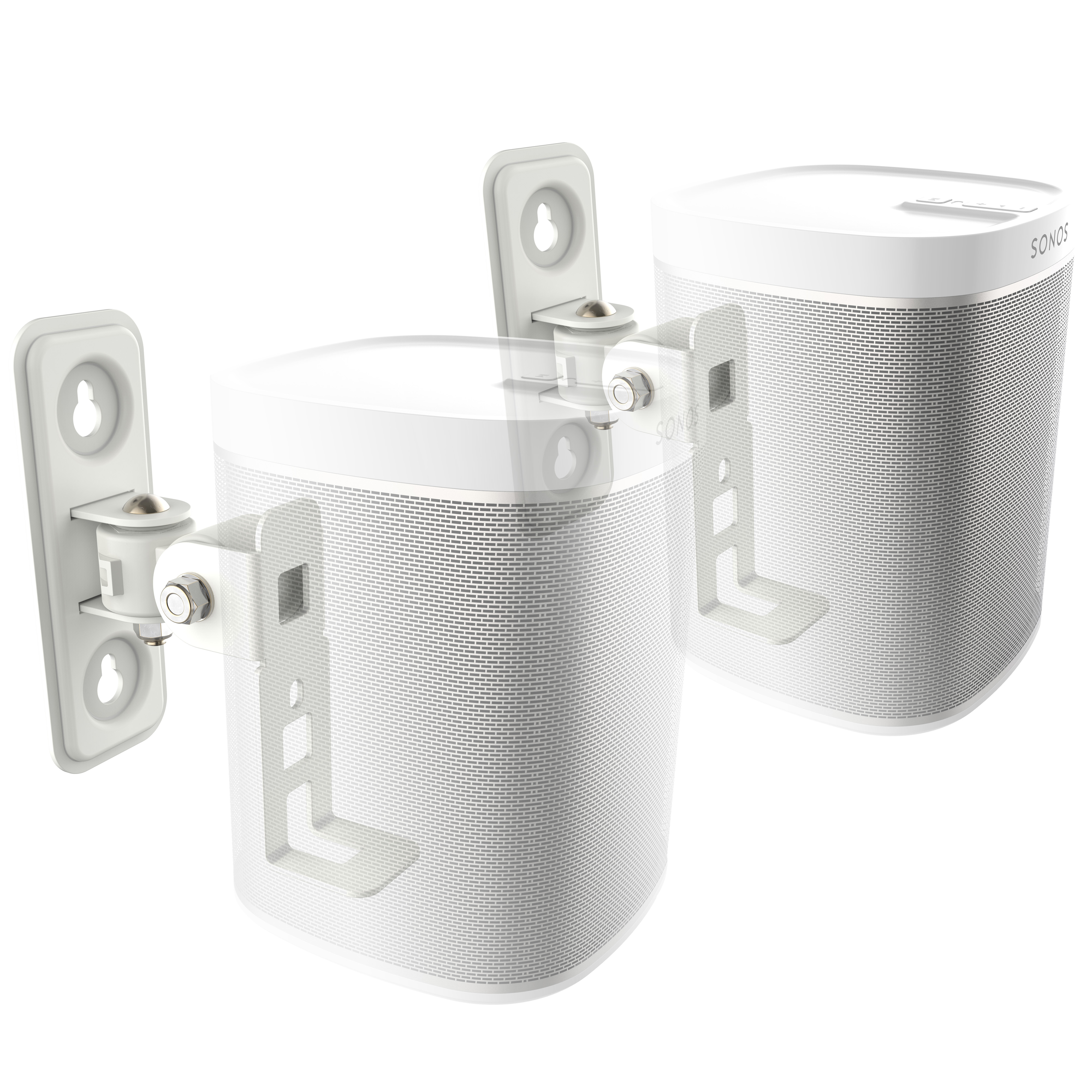 Zwei weiße Sonos-Lautsprecher mit Wandhalterungen auf weißem Hintergrund.