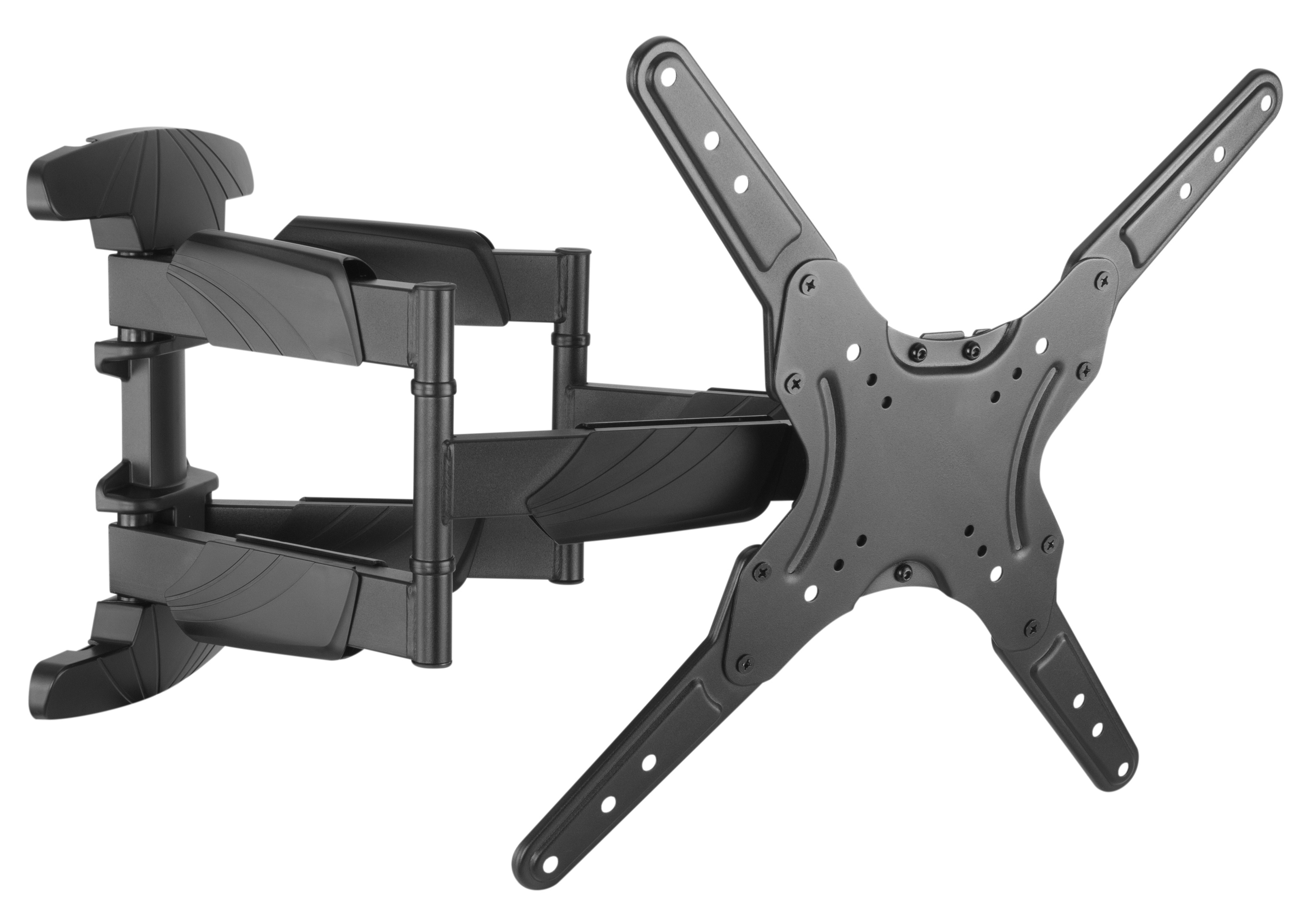 Schwarze TV-Wandhalterung mit ausziehbarem Arm und VESA-Platte.