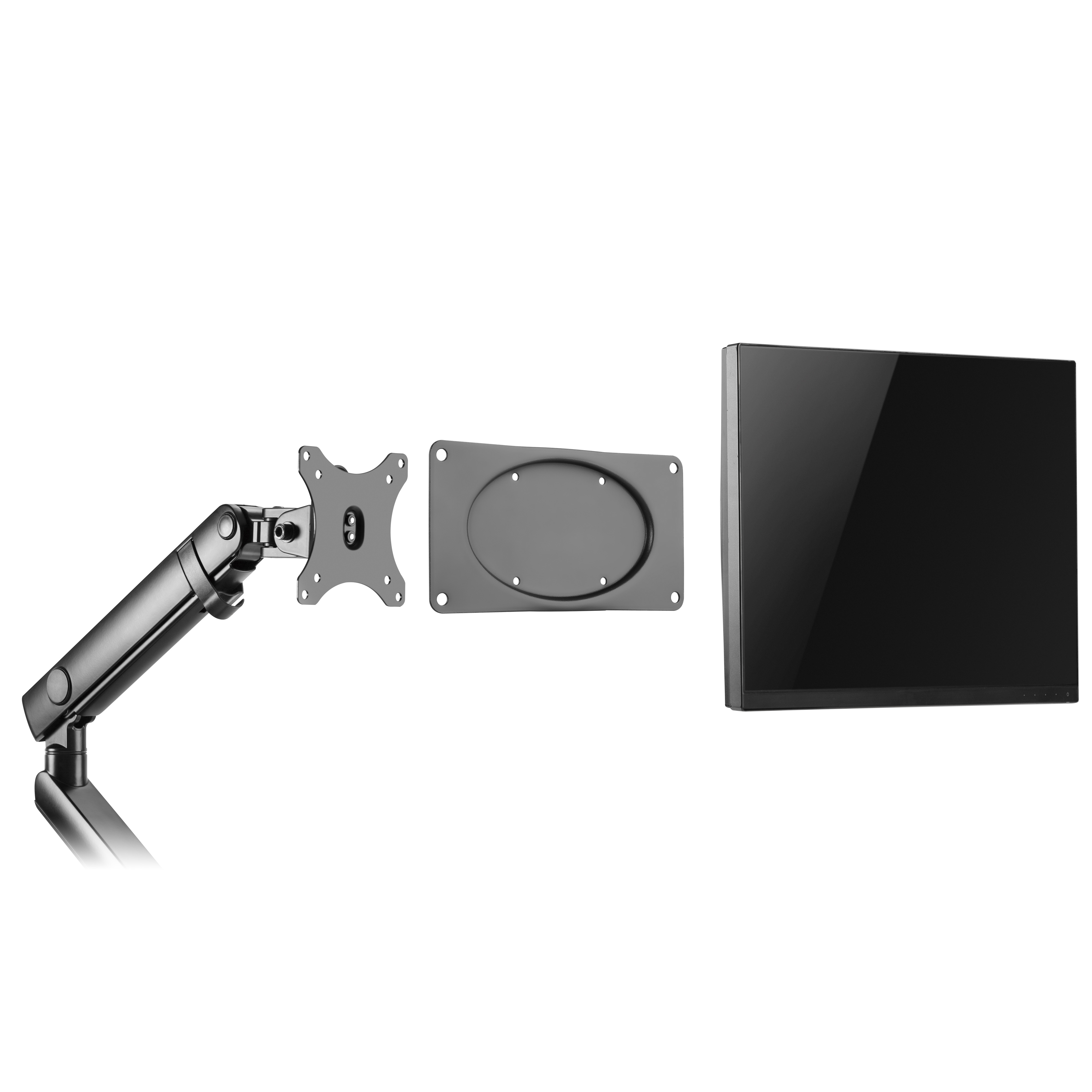 Ein Monitorarm, eine Halterung und ein schwarzer Monitor auf weißem Hintergrund.