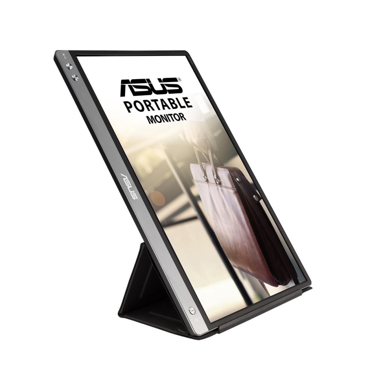 Un moniteur portable Asus sur fond blanc, montrant un sac sur son écran.