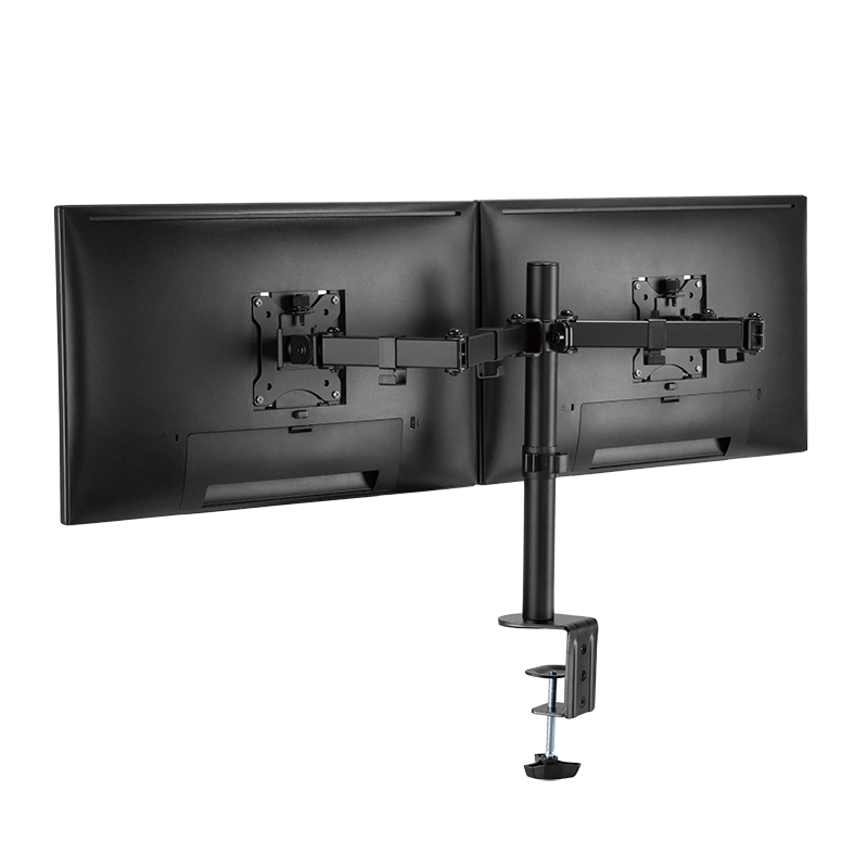 Zwei schwarze Monitore auf einem flexiblen Arm, der an einem Tisch befestigt ist.