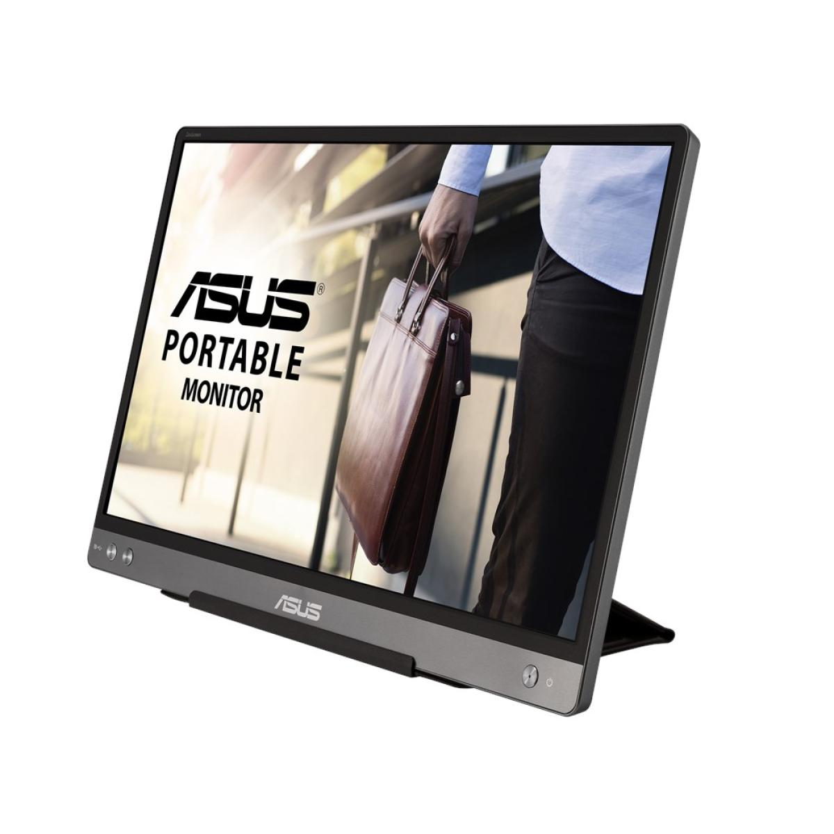 Un moniteur portable ASUS affichant une mallette marron et un homme en chemise.