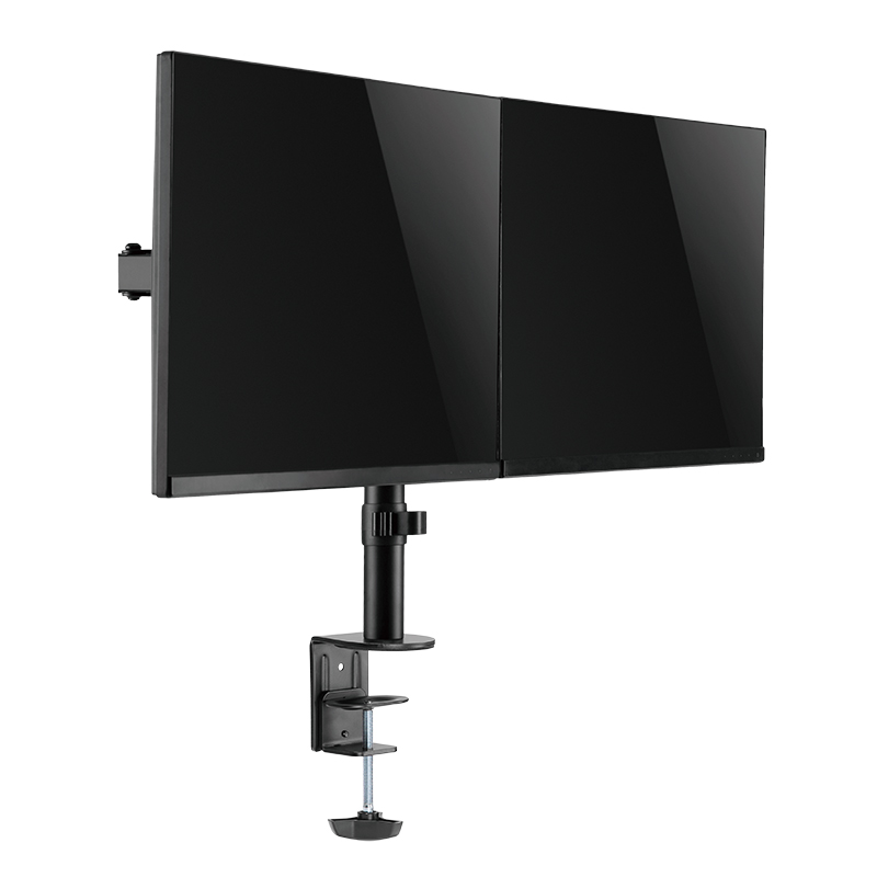 Zwei schwarze Monitore, die an einer Tischklemme befestigt sind.