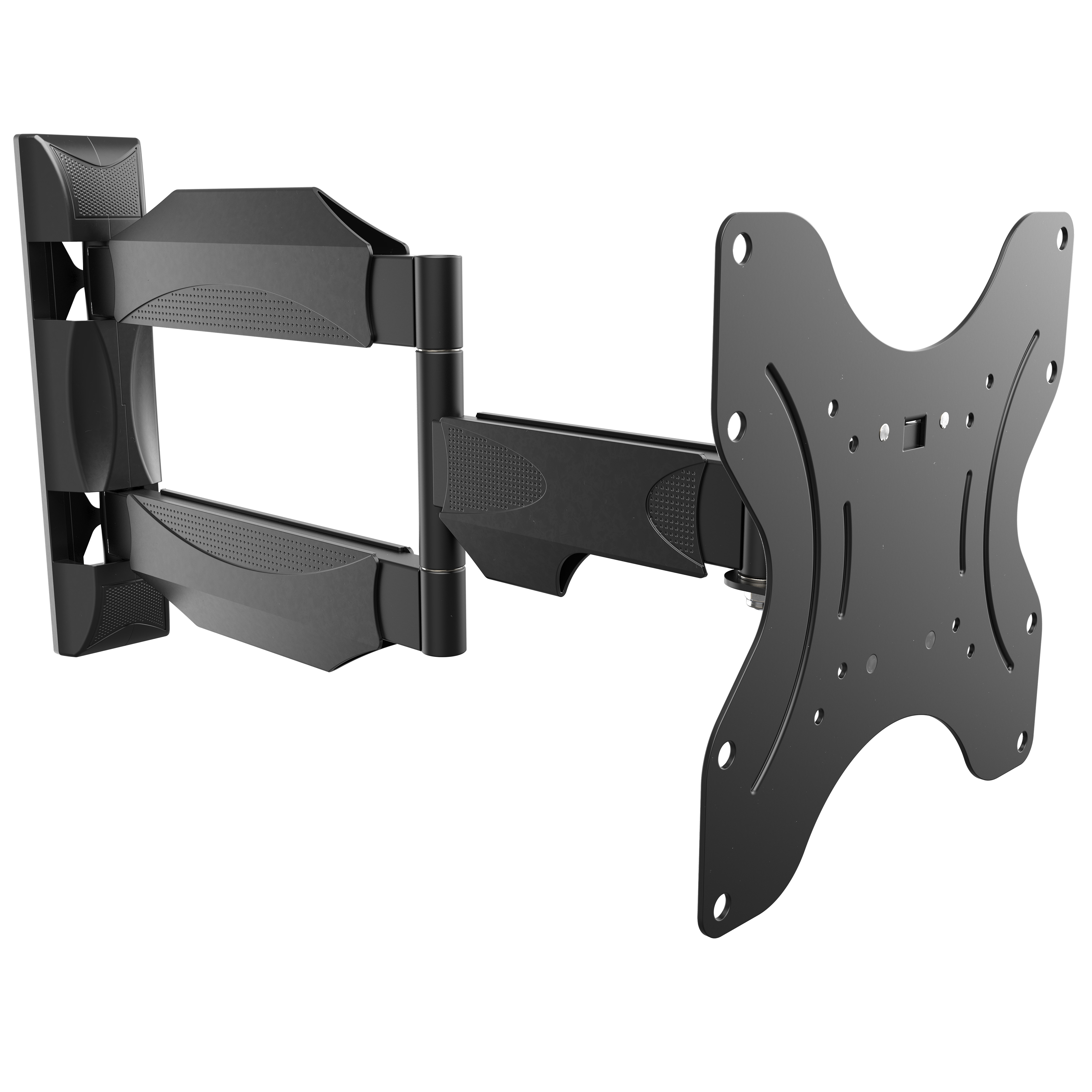 Schwarze, schwenkbare TV-Wandhalterung mit ausziehbarem Arm und VESA-Platte.