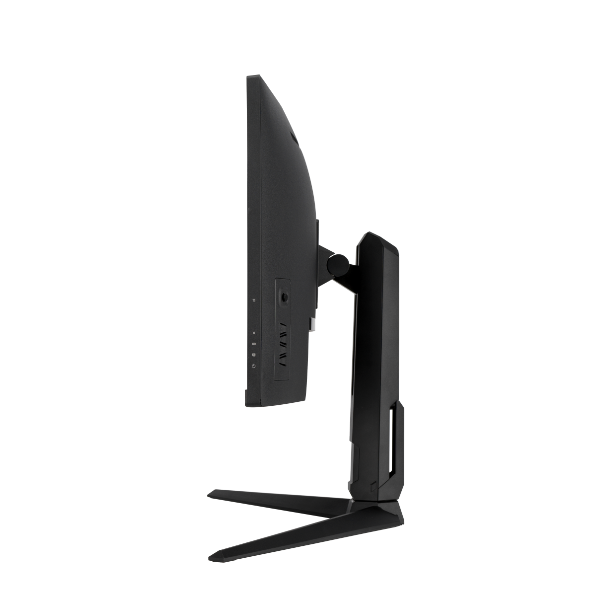 Monitor de computadora negro con soporte delgado, visto de lado.