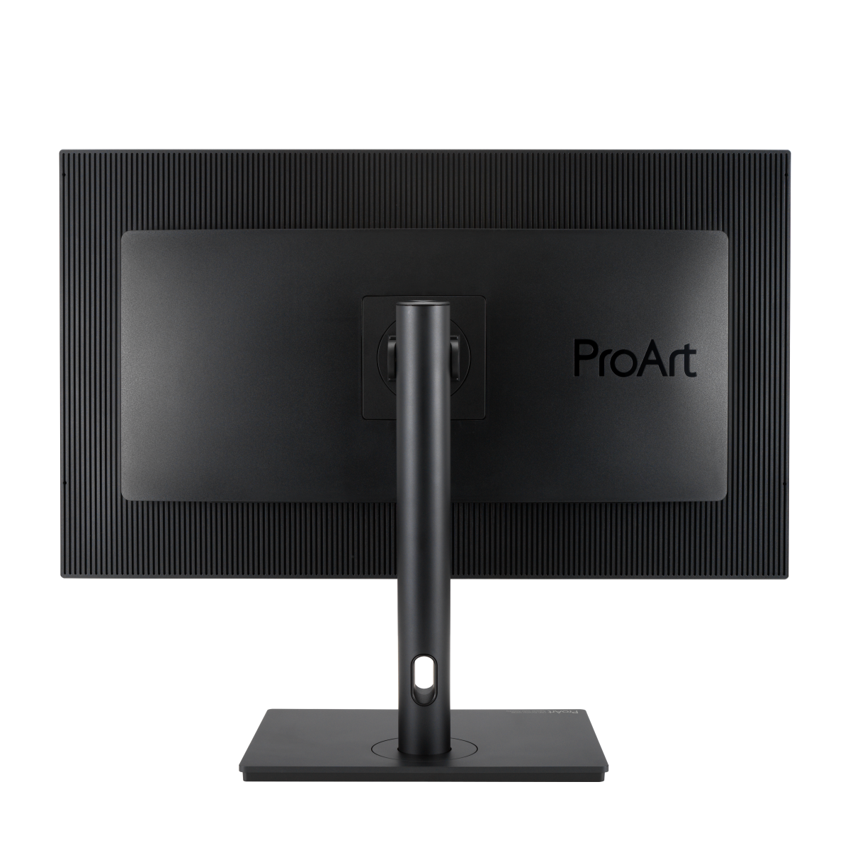 Back view of a black monitor with ProArt logo and a stand.