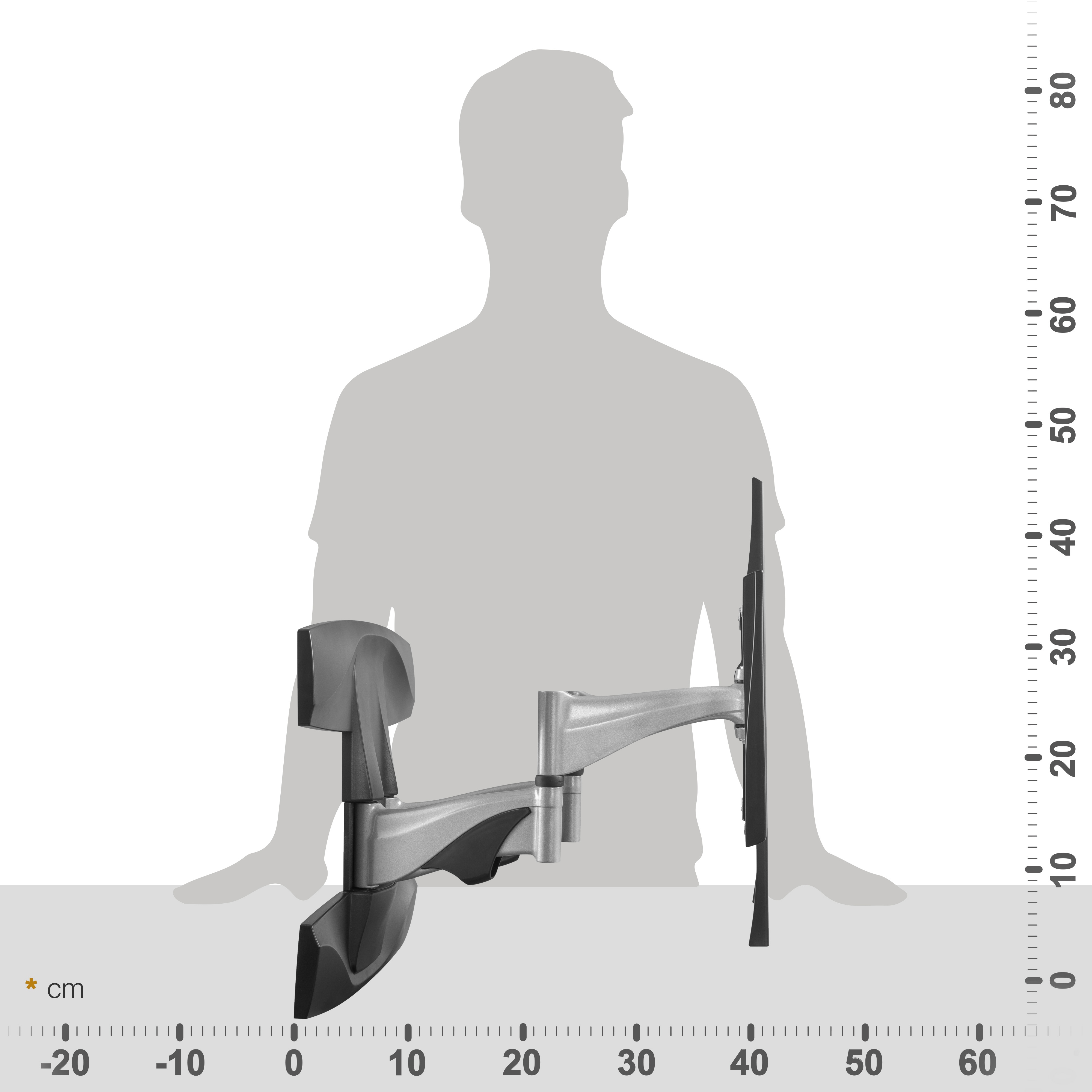 Silhouetten-Diagramm eines ausziehbaren Monitorarms, der an einem menschlichen Torso befestigt ist.