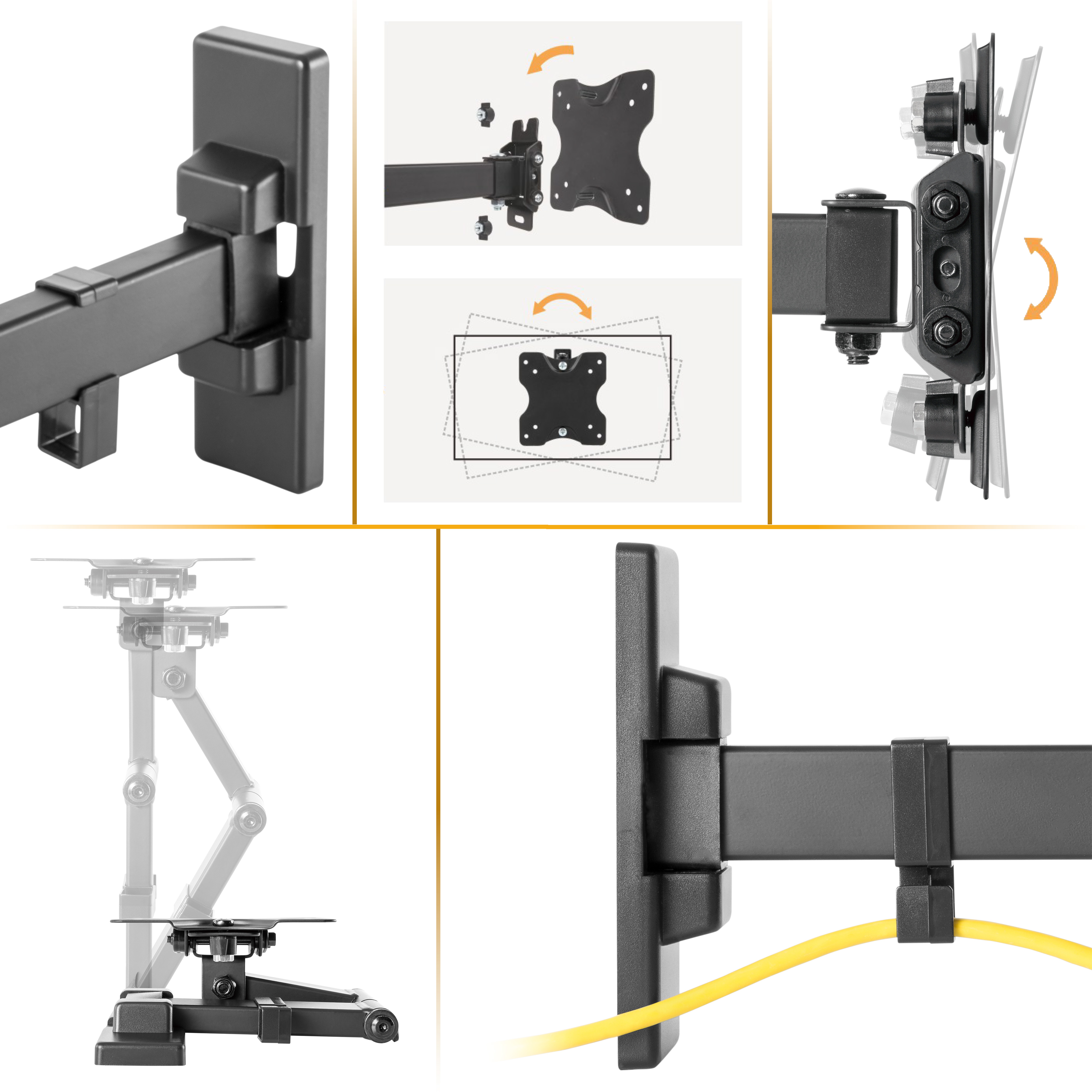 Schwarze TV-Halterungskomponenten aus Metall, Arme, VESA-Platte, Kabelmanagement.