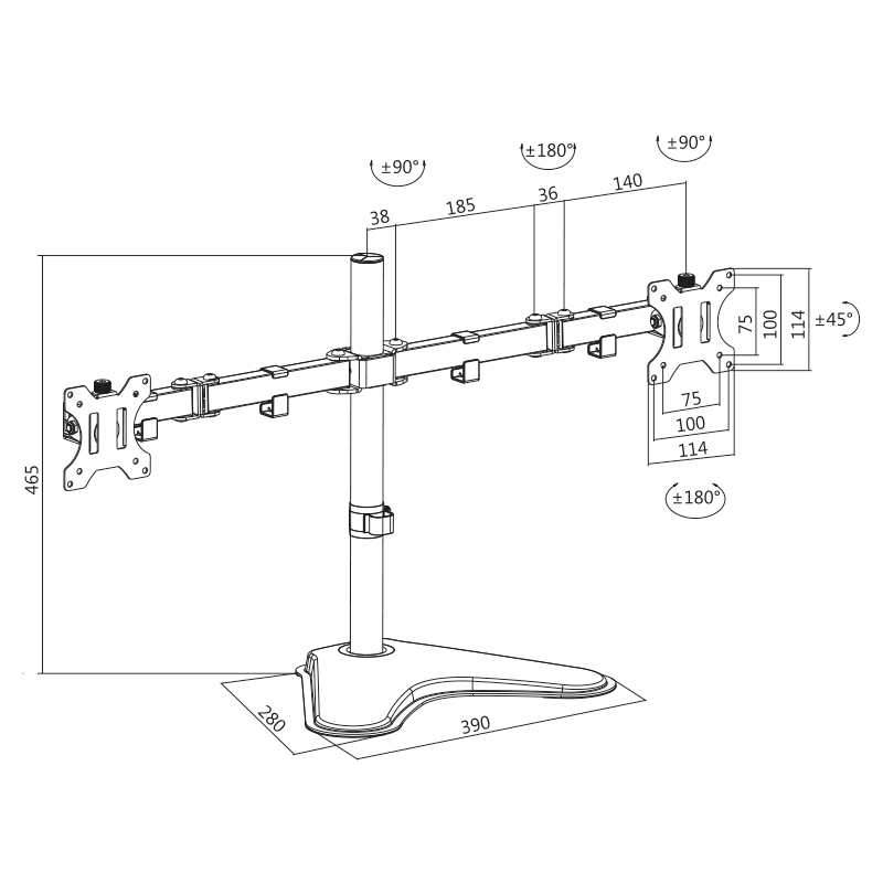 Technische Zeichnung eines doppelt Monitorarms mit Maßen und Drehgelenken.