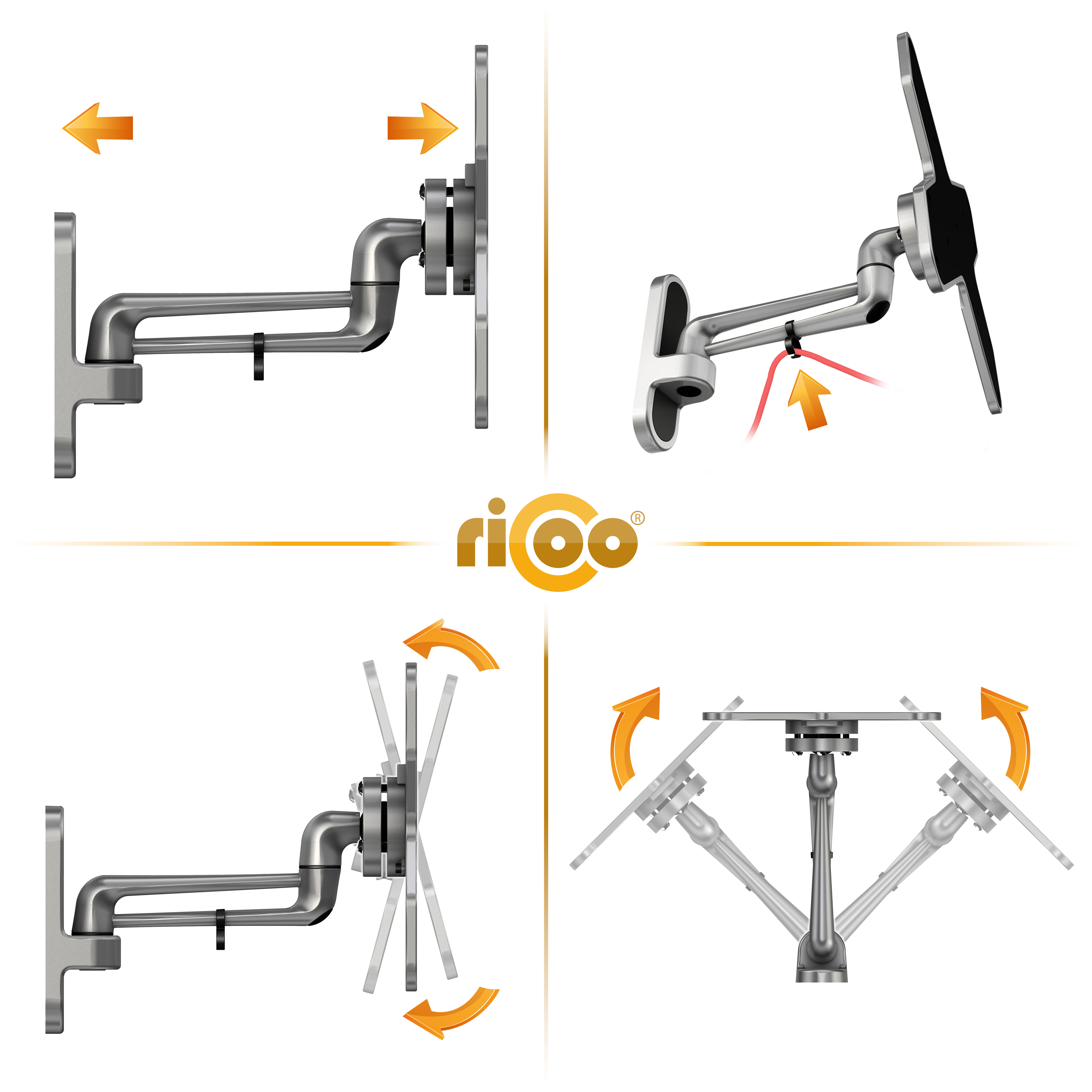 Diagramm zeigt einen schwenkbaren Arm mit Pfeilen, die Bewegungen anzeigen.