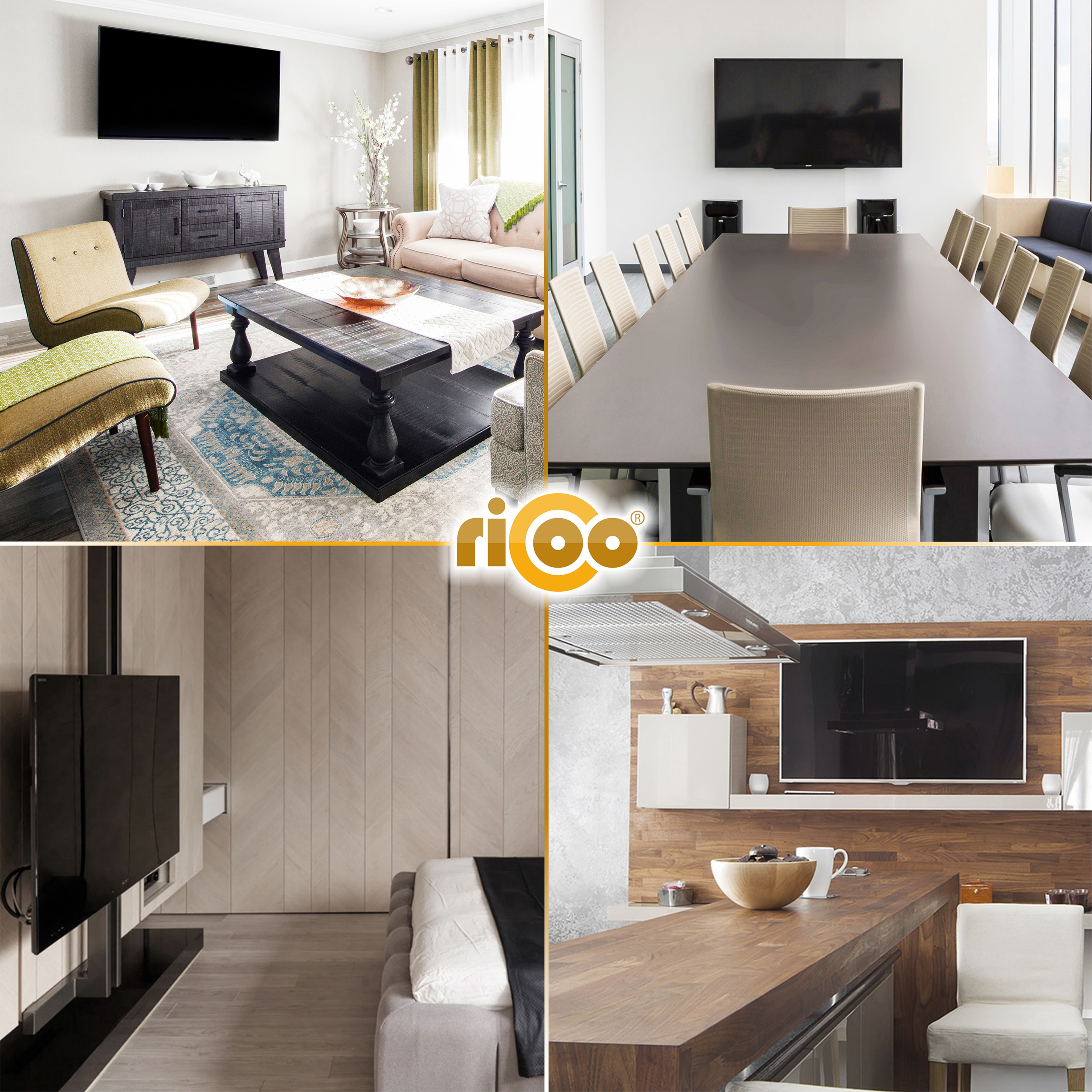 Vier Wohnszenen: Wohnzimmer, Konferenzraum, Schlafzimmer, Küche.