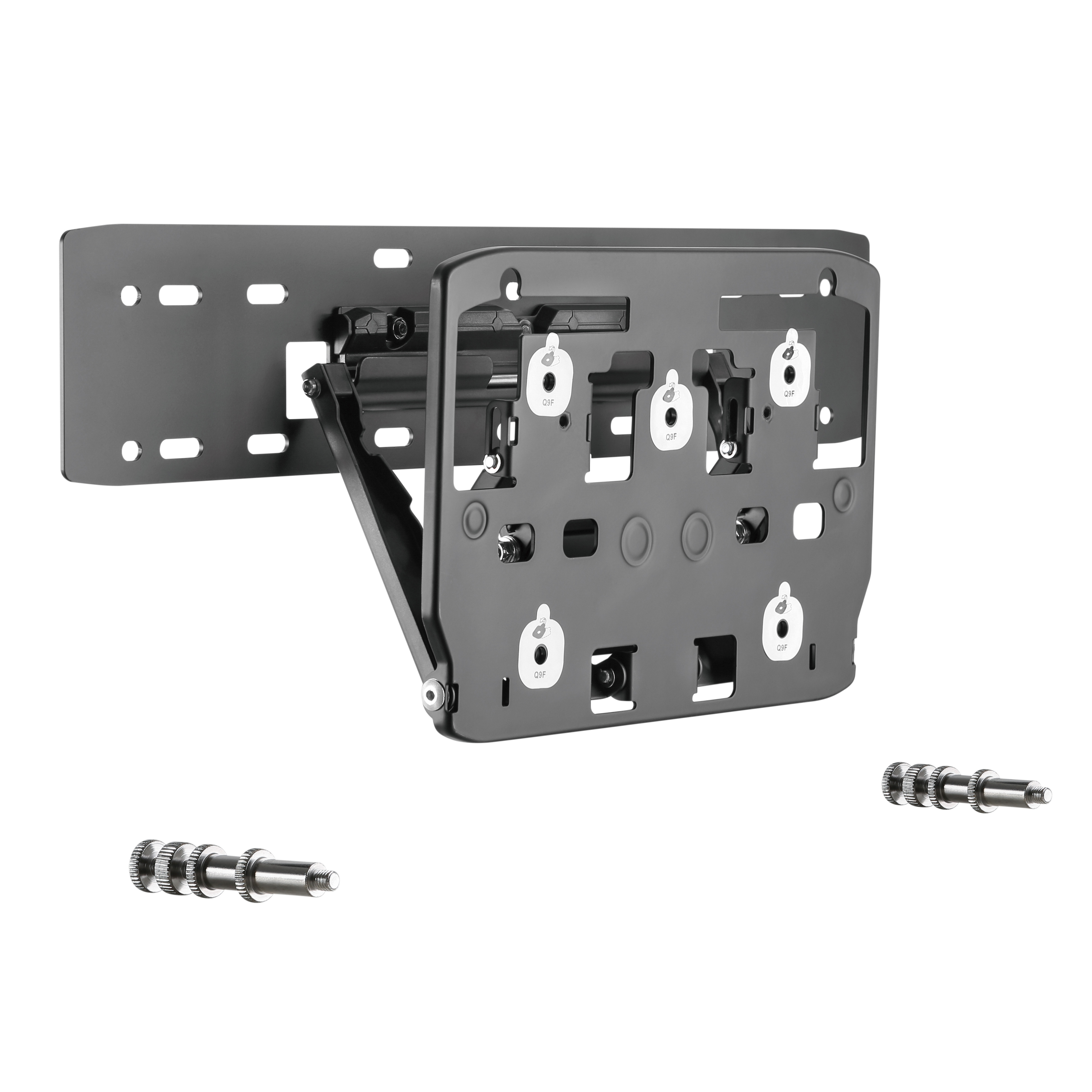 Schwarzer schwenkbarer TV-Wandhalter mit Befestigungsschrauben.