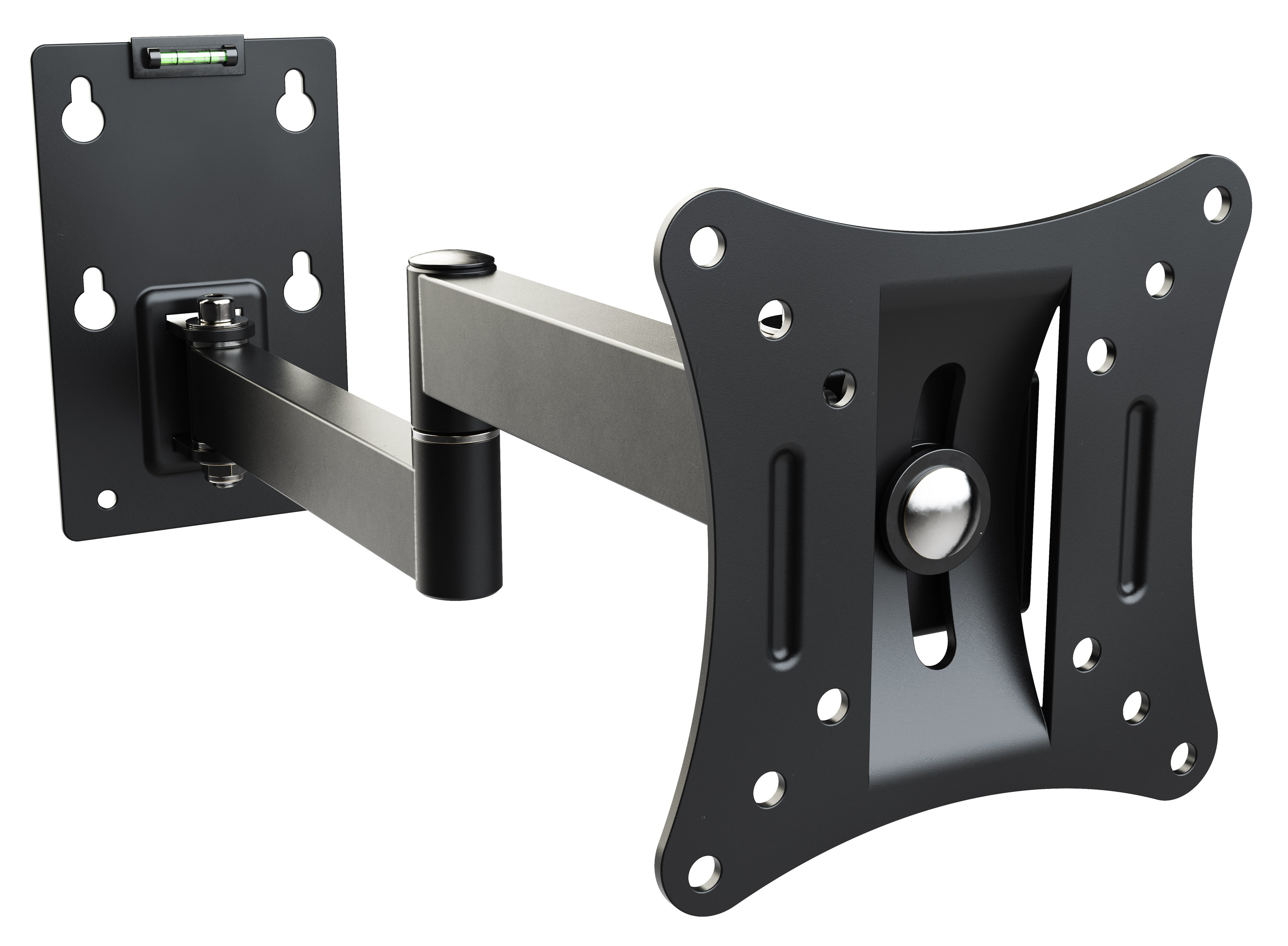 Schwarze Wandhalterung mit Arm und Wasserwaage, isoliert auf Weiß.