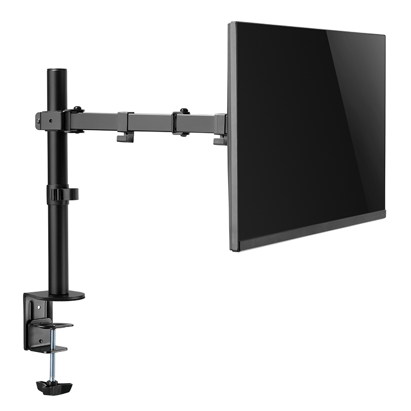 Ein schwarzer Monitorarm mit Klemme und einem schwarzen Monitor auf weißem Hintergrund.