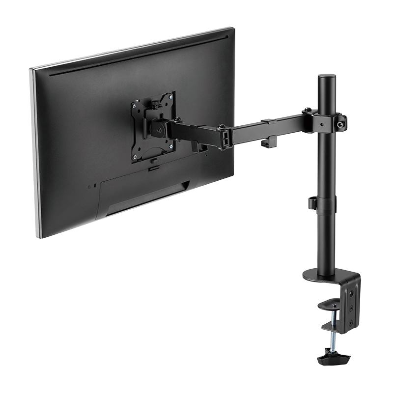 Ein schwarzer Monitorarm mit Klemmfuß, der einen schwarzen Monitor hält.