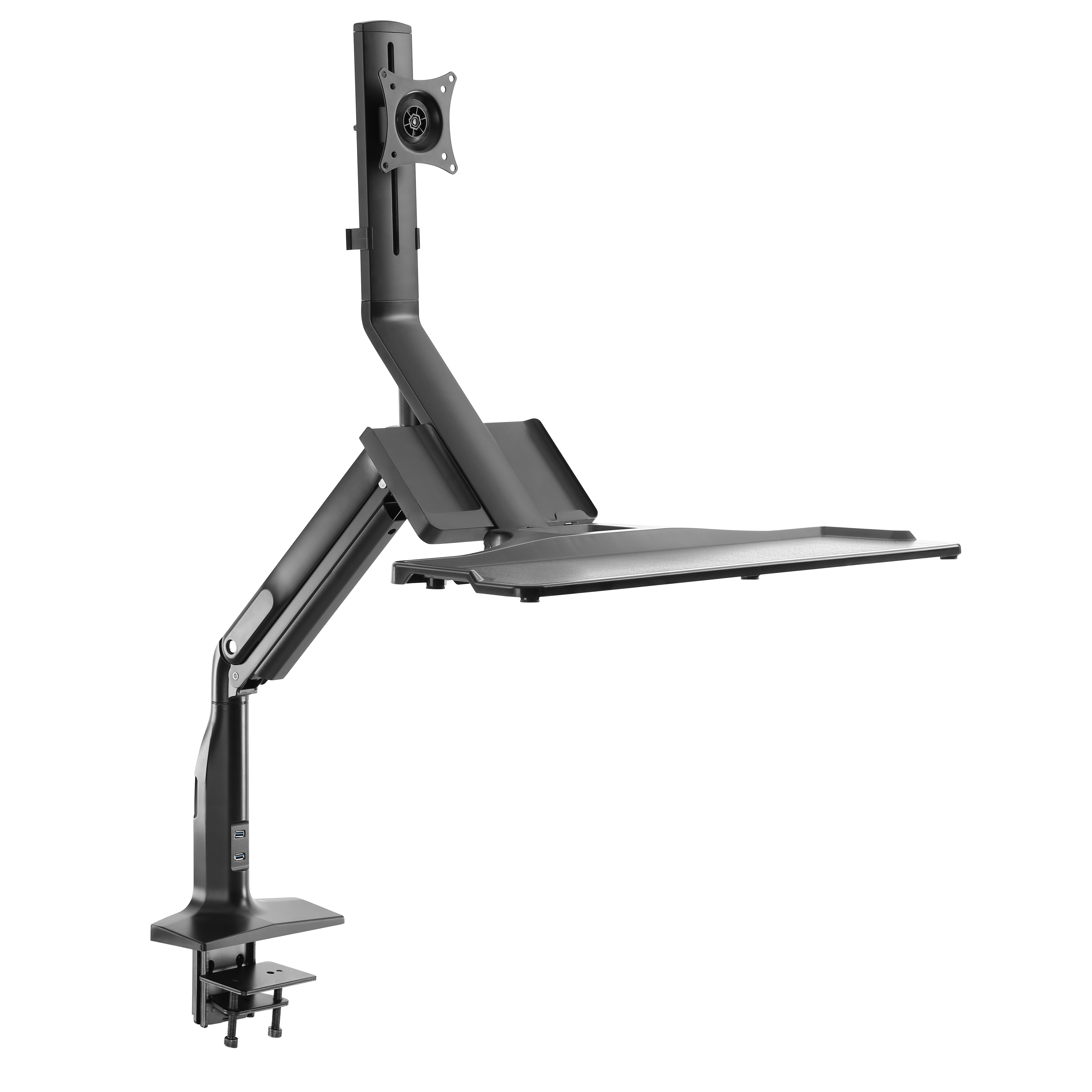 Schwarzer Monitorarm mit Tastaturablage, an einem Schreibtisch befestigt.
