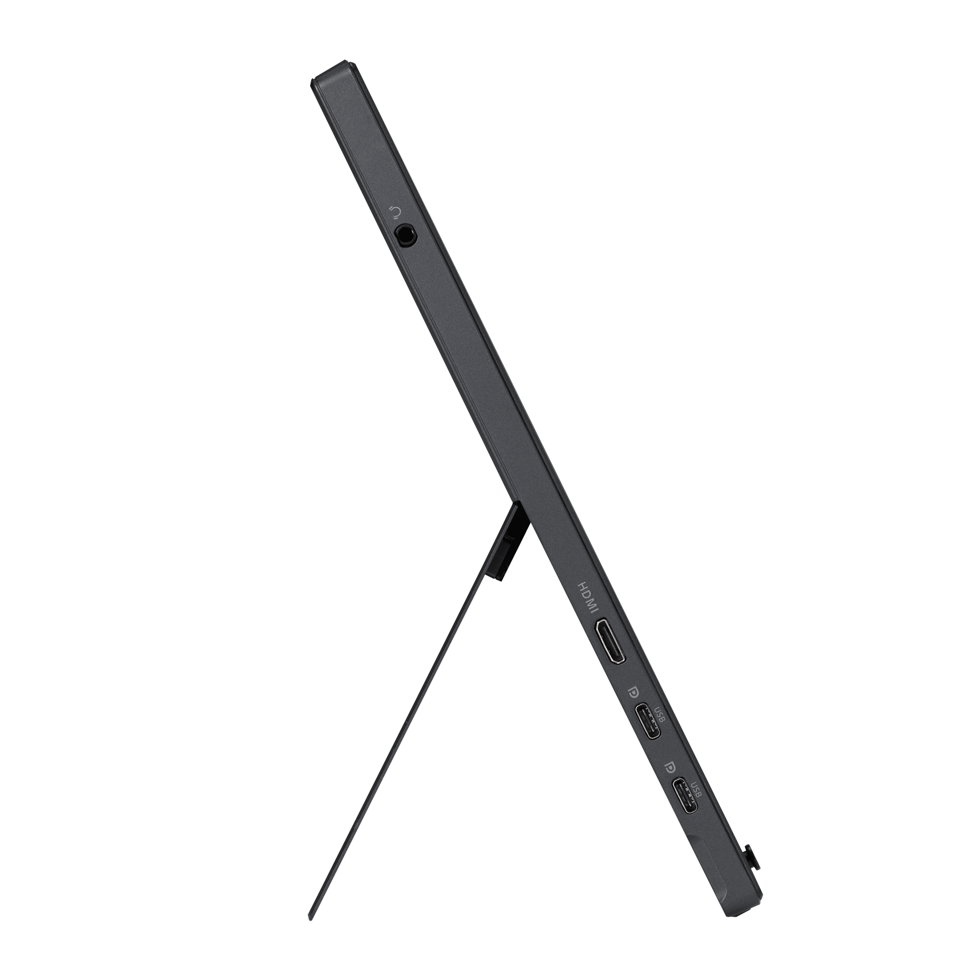 Graues tragbares Display mit Ständer und Anschlüssen: HDMI, USB-C.