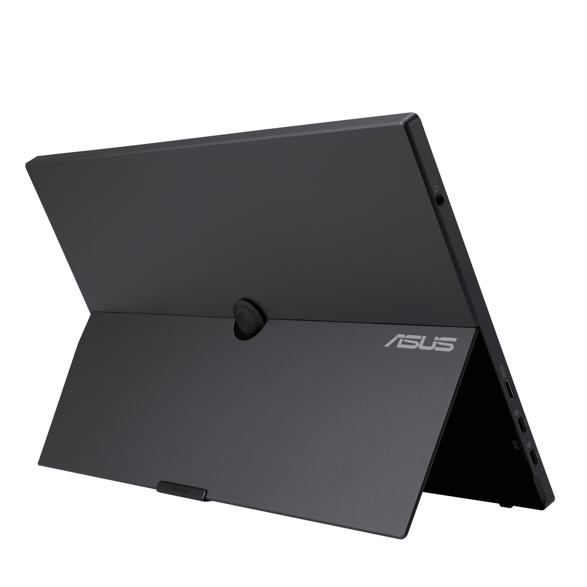 Ein graues Asus ZenScreen-Display mit integriertem Ständer, das von hinten gezeigt wird.