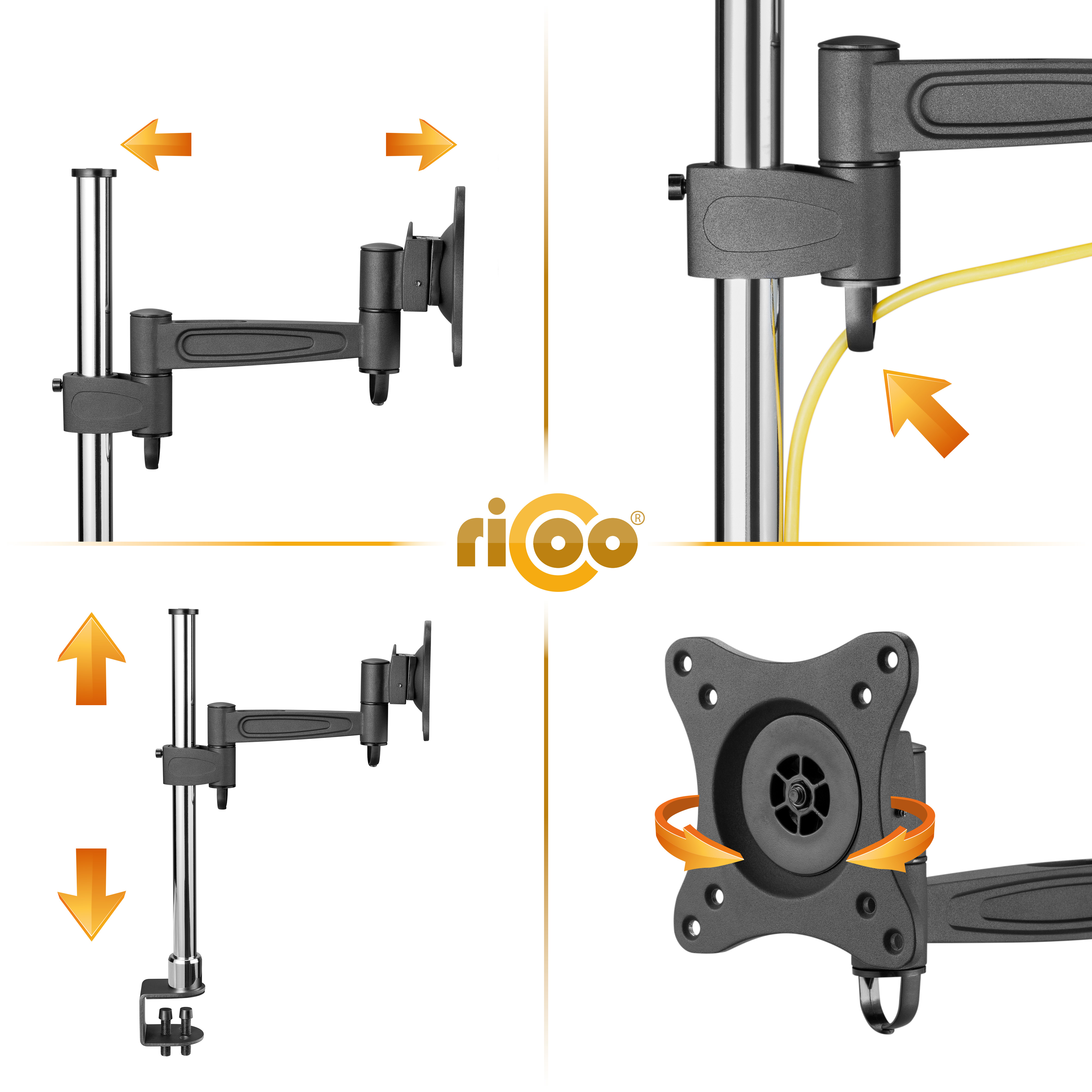 Monitorarm-Details mit Pfeilen, die Bewegung und Montage zeigen.