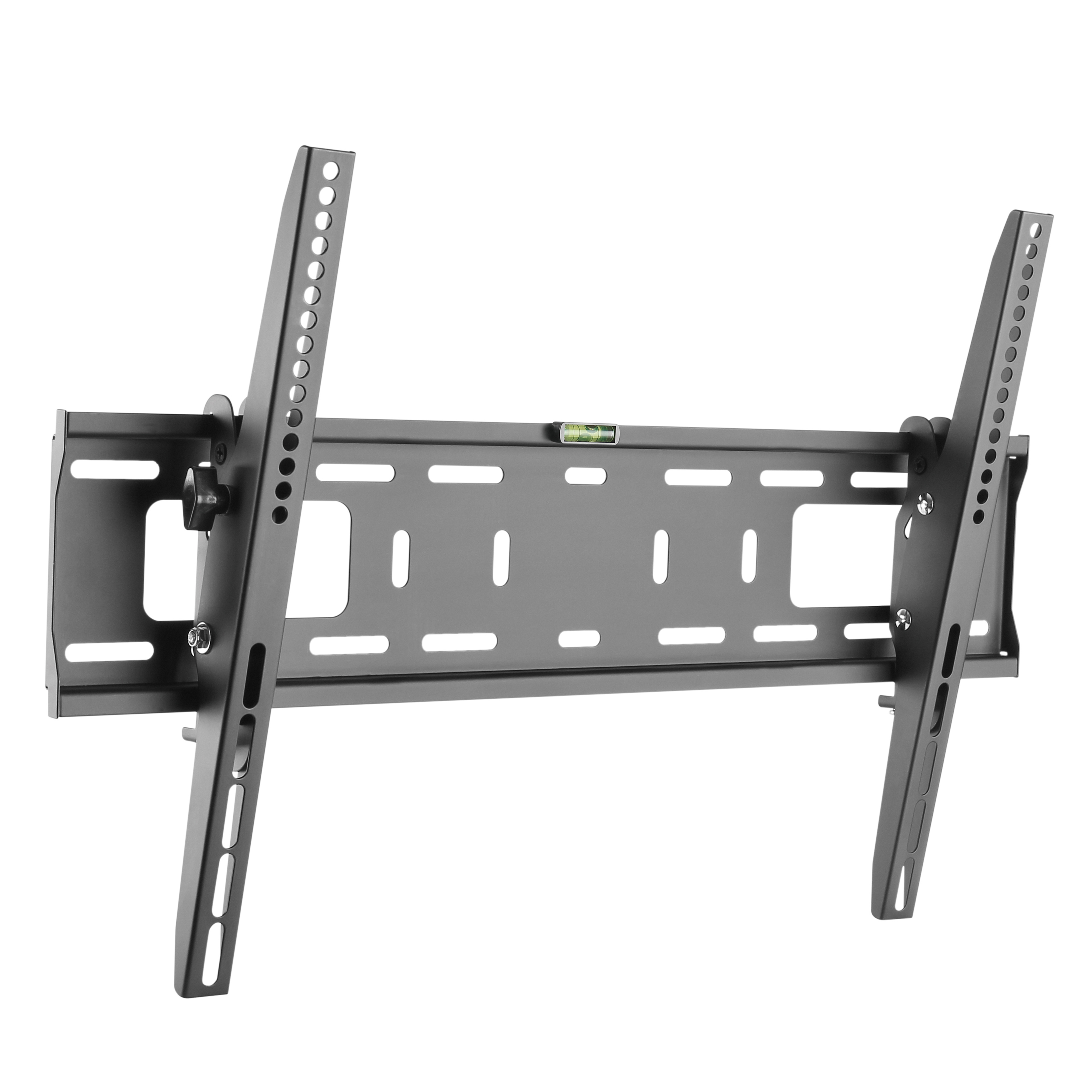 Schwarze TV-Wandhalterung mit Wasserwaage und verstellbaren Armen.