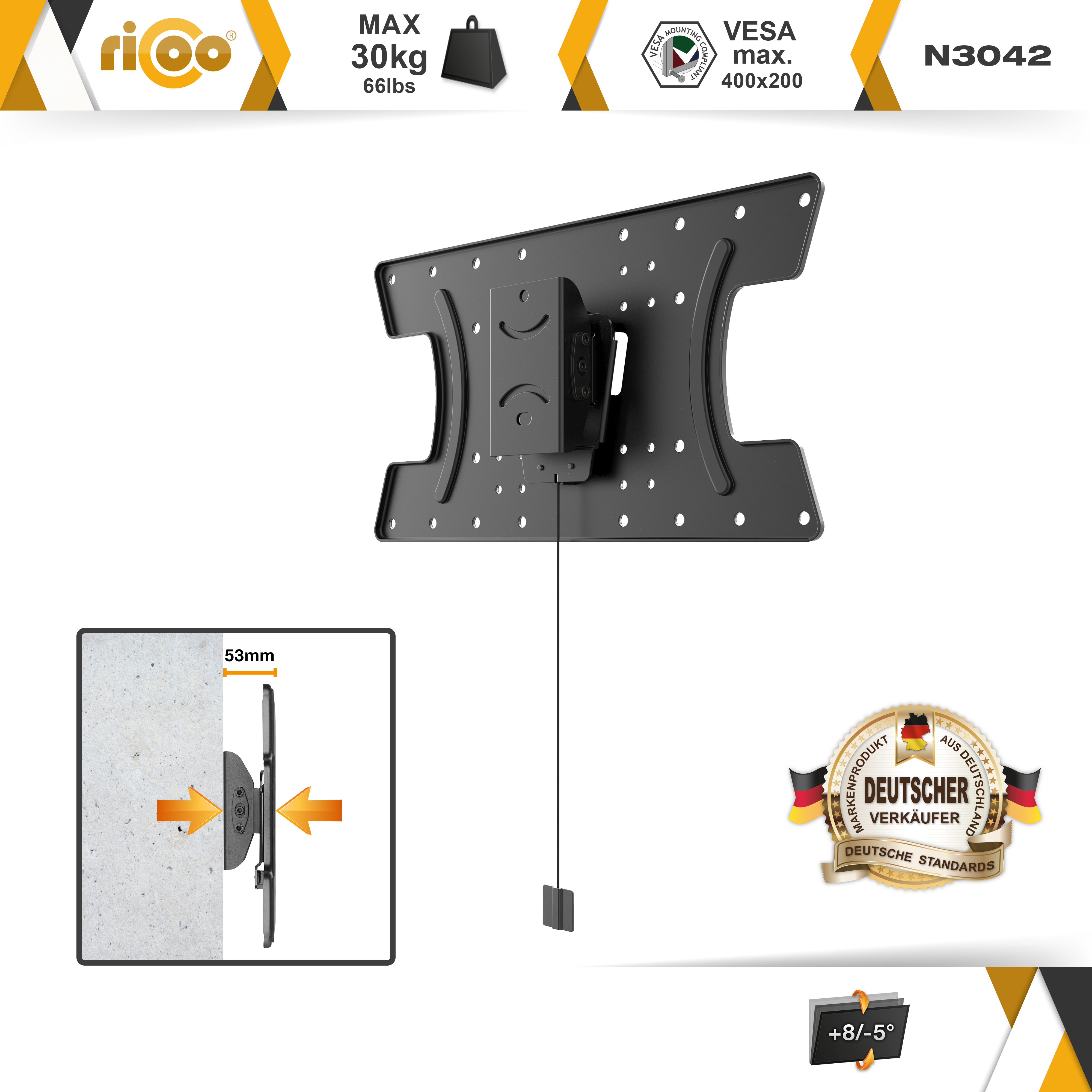 Schwarze TV-Wandhalterung mit VESA 400x200, max. 30 kg, 53mm Wandabstand.