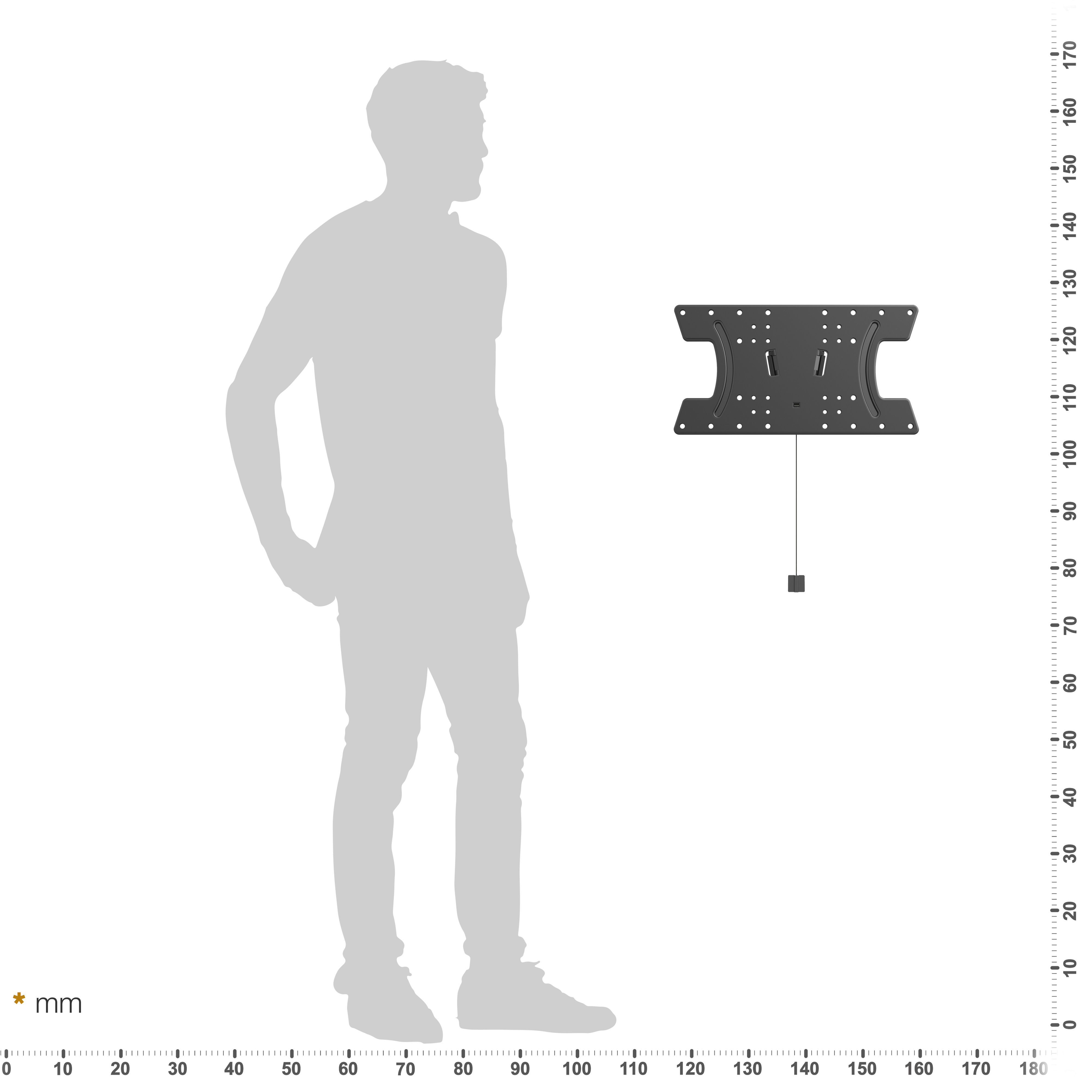 Eine Silhouette eines Mannes neben einer schwarzen Wandhalterung mit Maßstab.