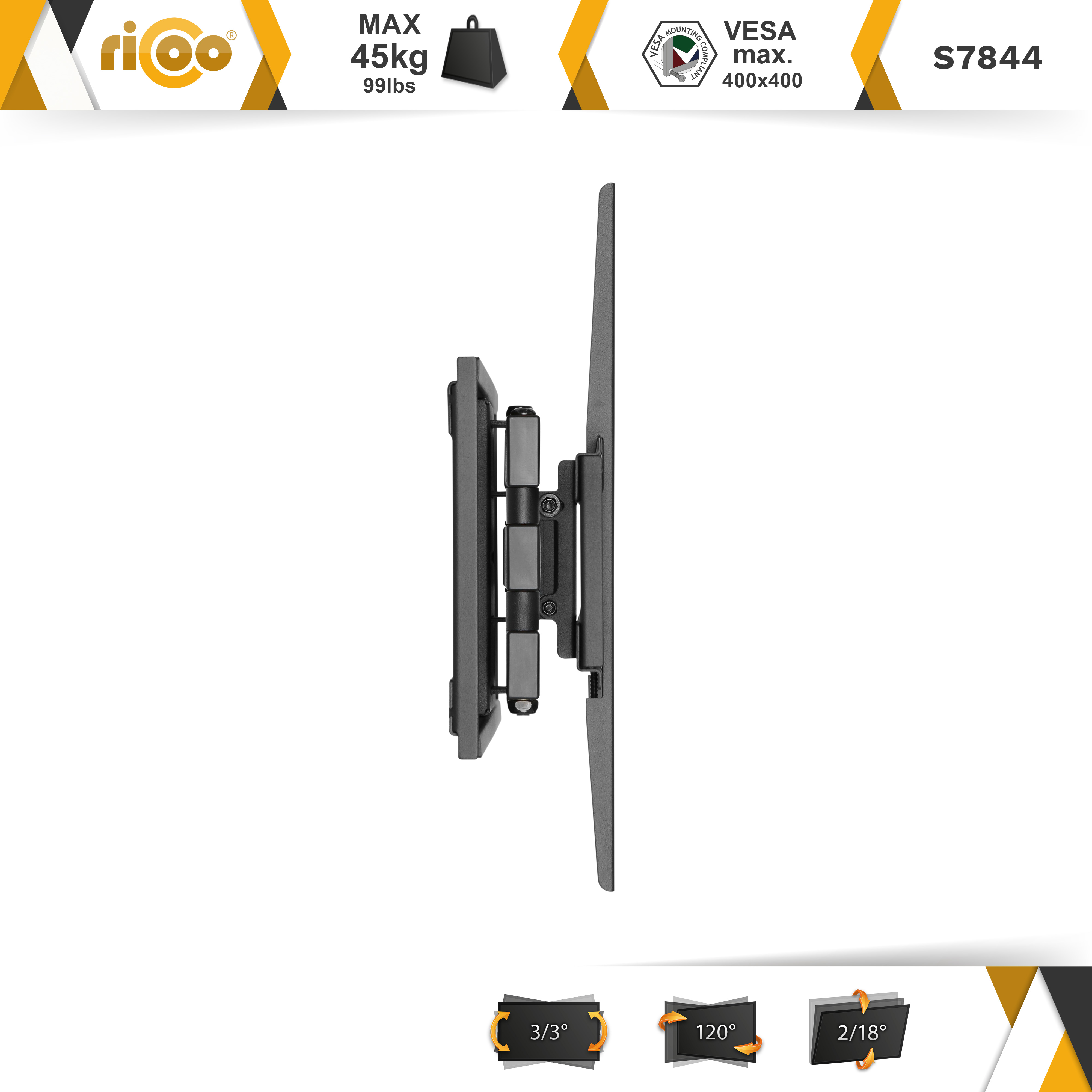 Ein schwarzer TV-Wandhalter mit VESA-Kompatibilität und Neigungsanzeigen.