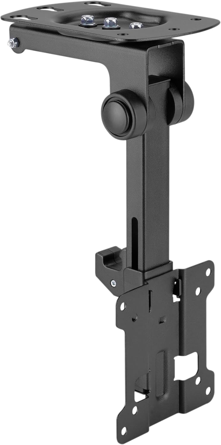 Schwarze Deckenhalterung für Monitore mit verstellbarem Arm und Montageplatte.
