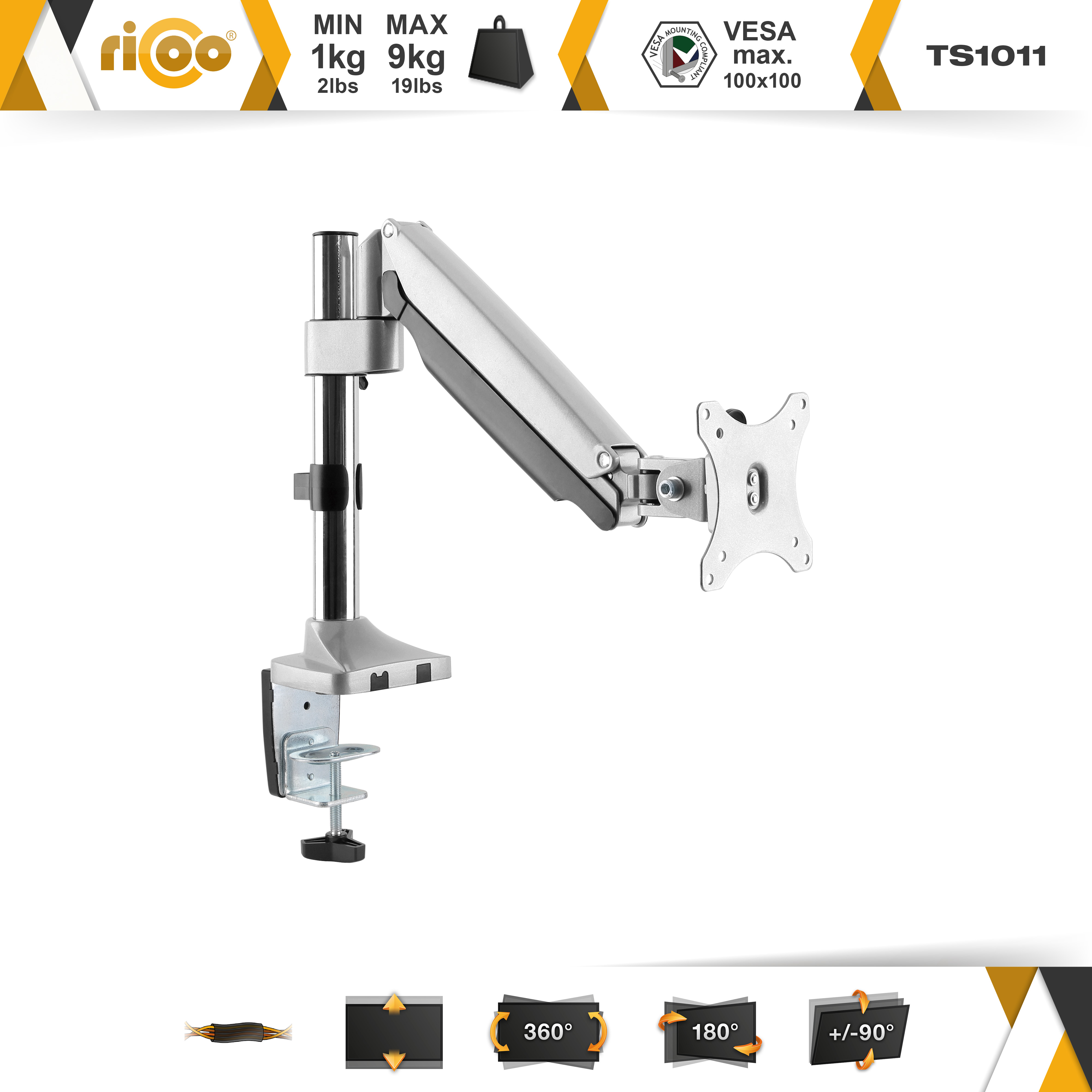 Silberner Monitorarm mit Tischklemme, VESA-kompatibel, 1-9kg Tragkraft.