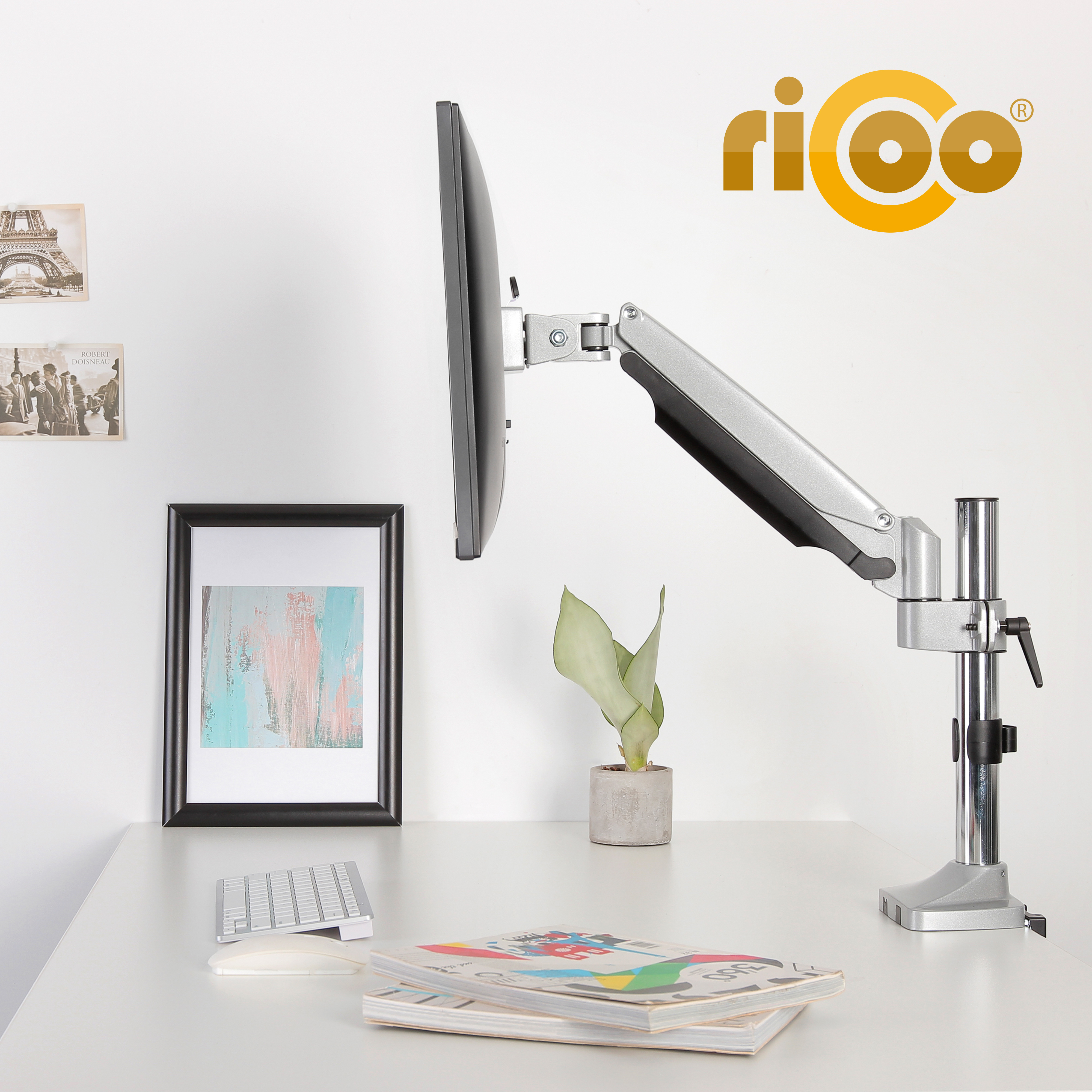 Schreibtisch mit Monitorarm, Tastatur, Maus, Pflanze und Bildern.