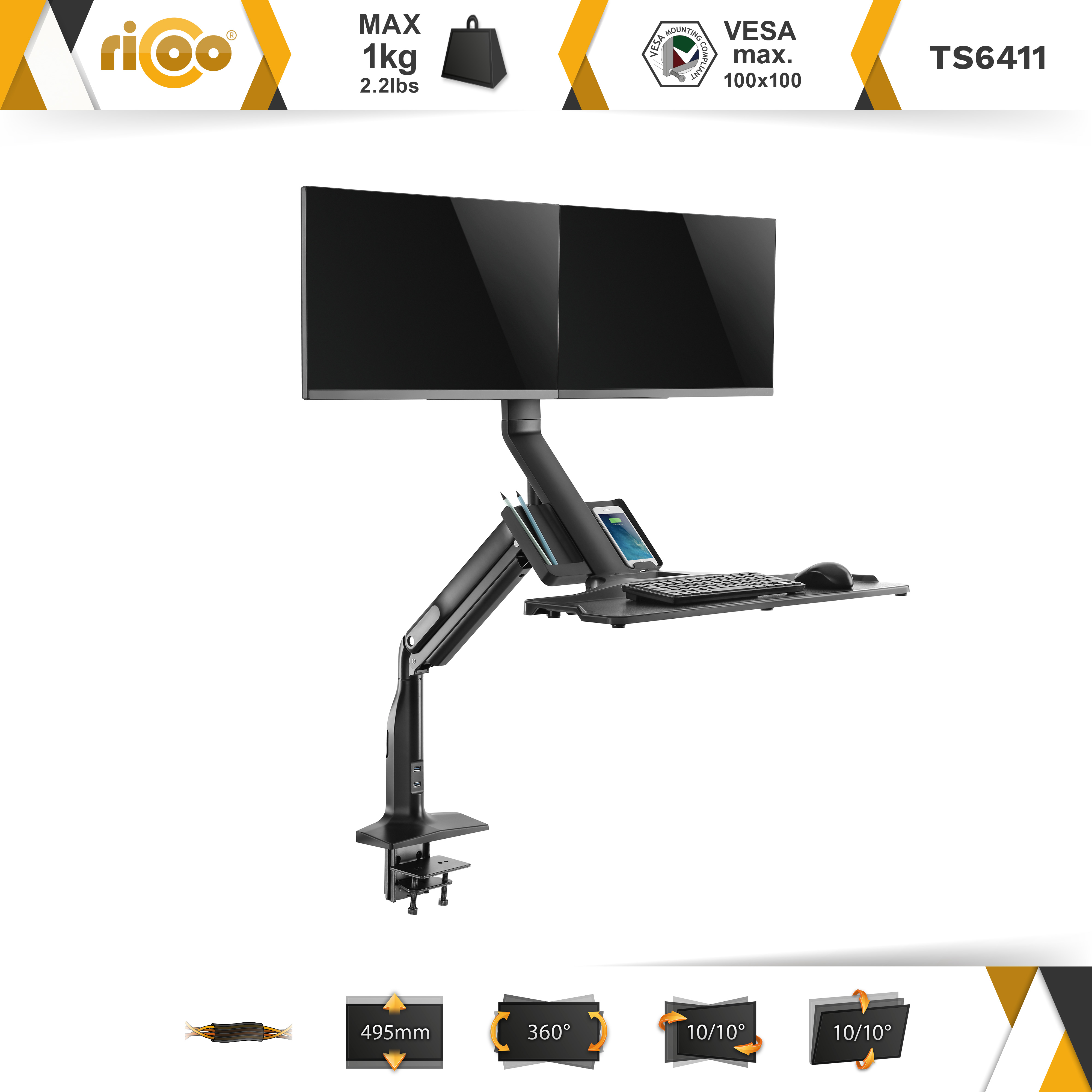 Schreibtischhalterung für zwei Monitore mit Tastaturablage, Tablet-Halterung, VESA.