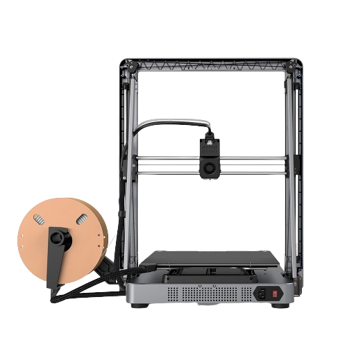 Una stampante 3D con bobina di filamento su sfondo nero.